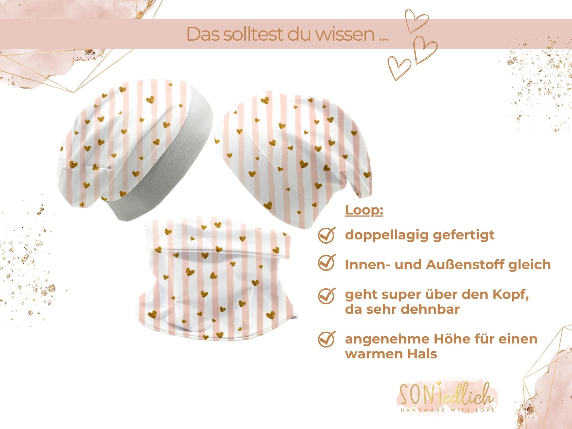 Beanie und Loop Set für Babys und Kinder "Glitzerherzen" Beschreibung Loop