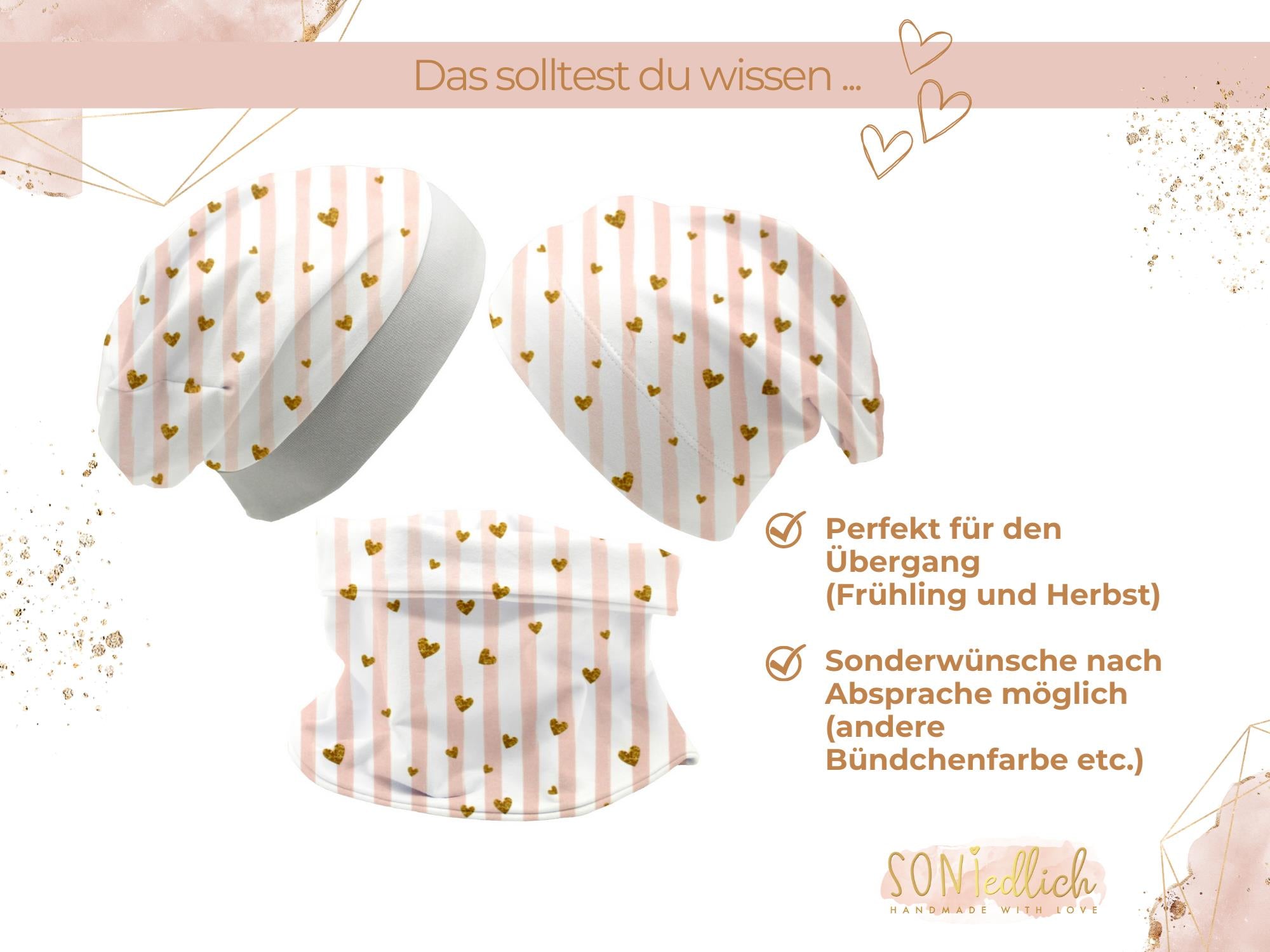 Beanie und Loop Set für Babys und Kinder "Glitzerherzen" mit Beschreibung