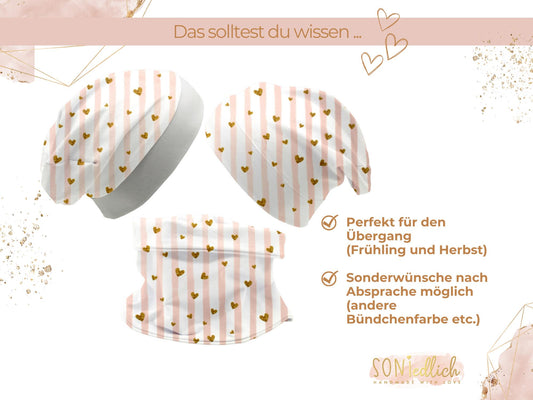 Beanie und Loop Set für Babys und Kinder "Glitzerherzen" mit Beschreibung