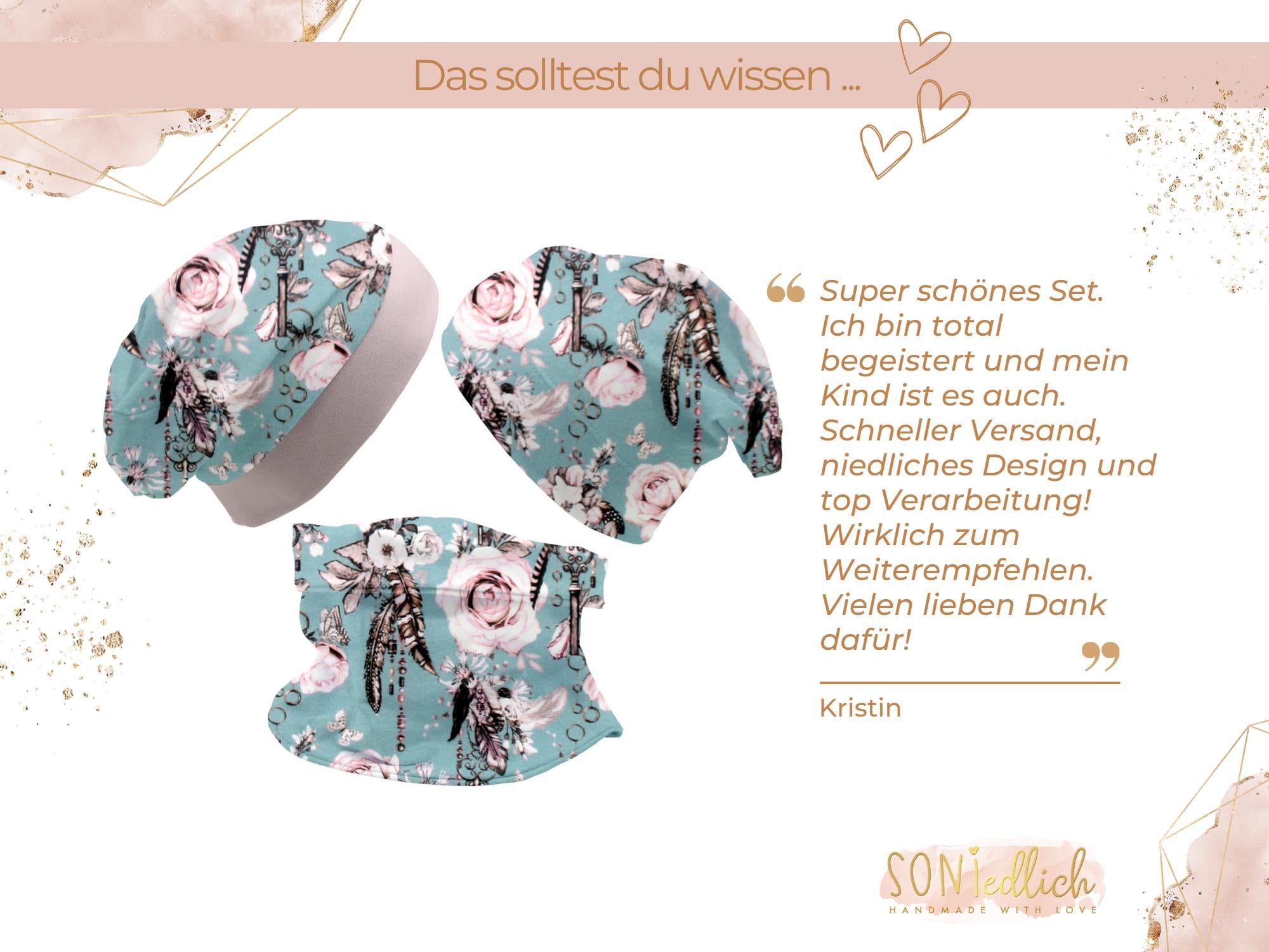 Beanie und Loop Set für Babys und Kinder "sweet keys" Text Bewertung