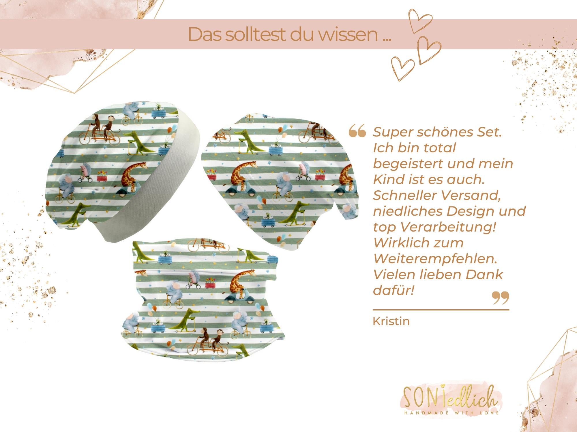 Beanie und Loop Set für Babys und Kinder "Tierausflug" Text Bewertung