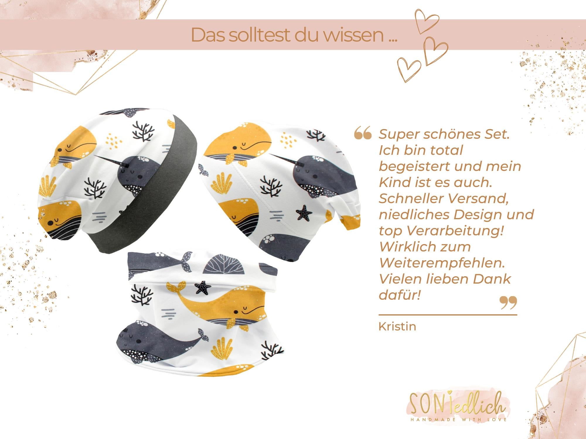 Beanie und Loop Set für Babys und Kinder "Wale senf" Text Bewertung