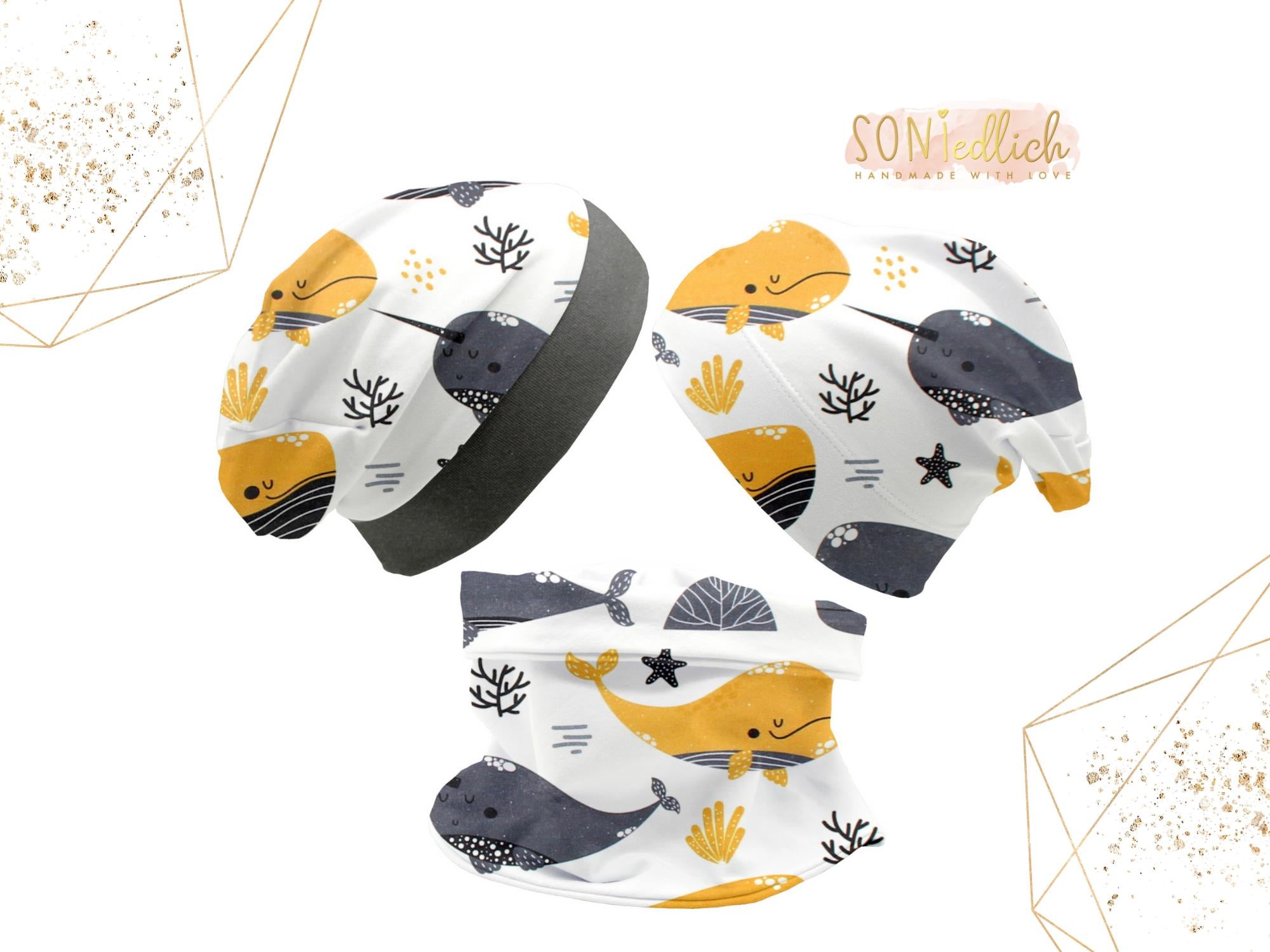 Beanie und Loop Set für Babys und Kinder "Wale senf" mit Logo
