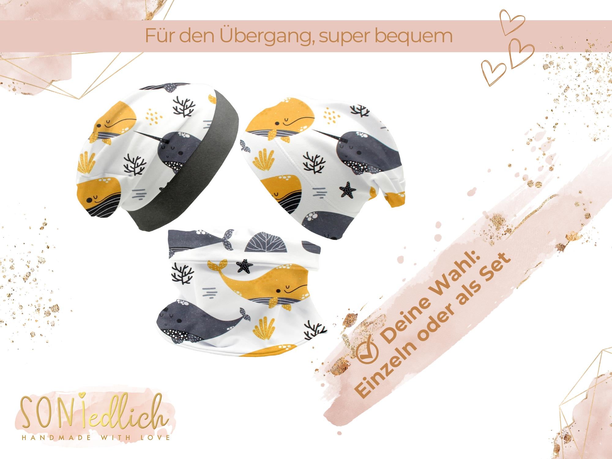 Beanie und Loop Set für Babys und Kinder "Wale senf" Auswahl