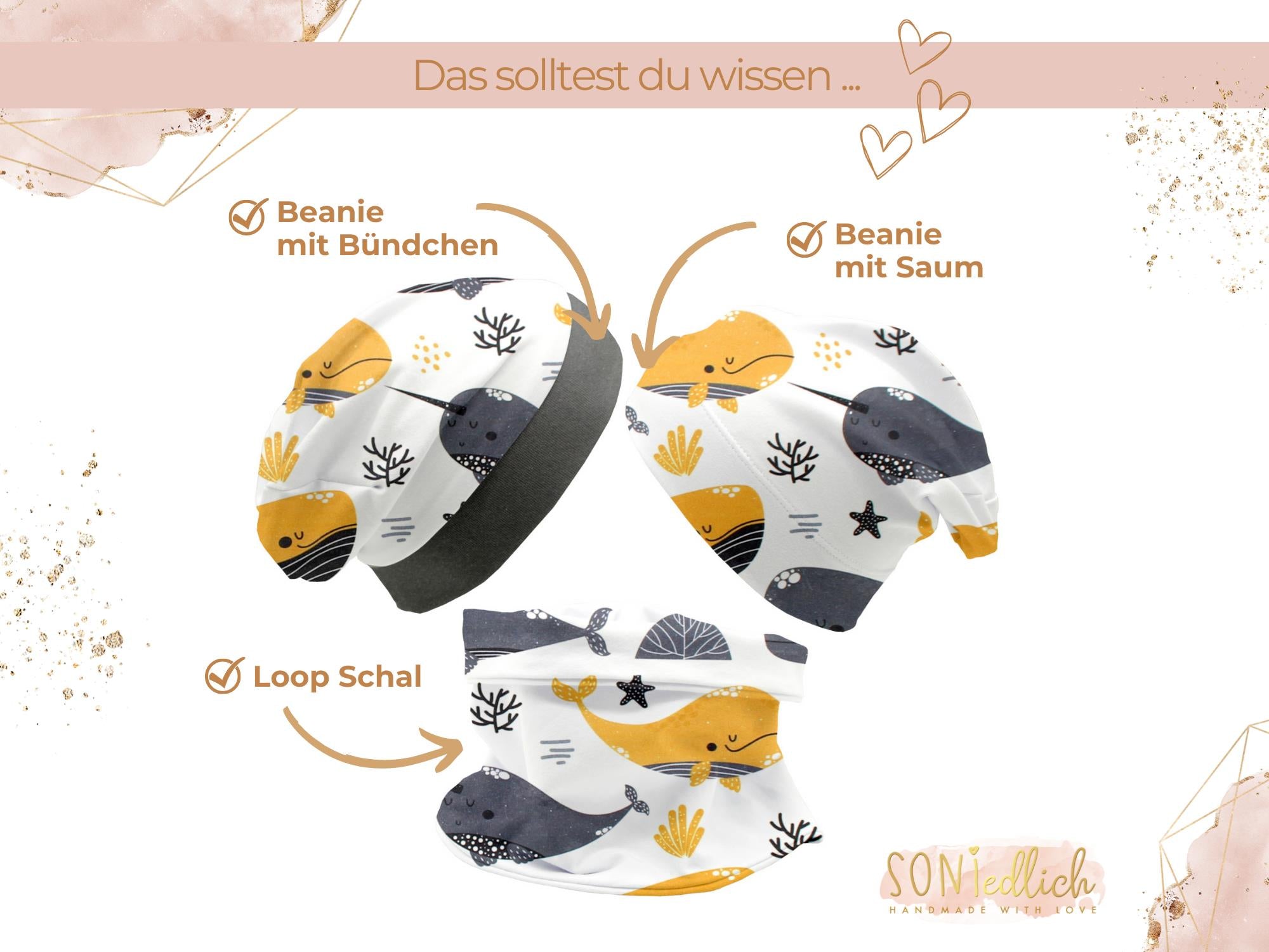 Beanie und Loop Set für Babys und Kinder "Wale senf" Bestandteile