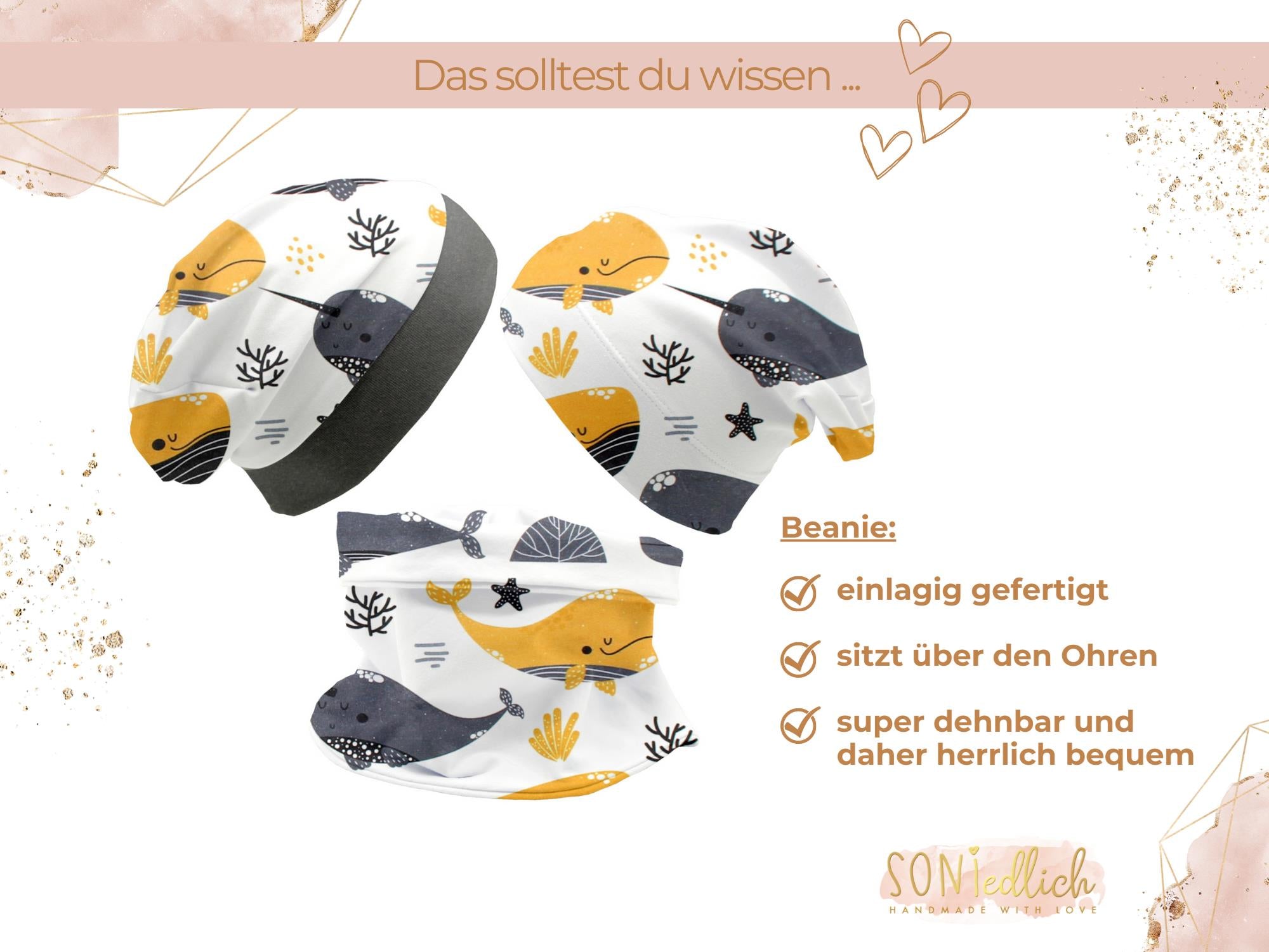 Beanie und Loop Set für Babys und Kinder "Wale senf" Beanie