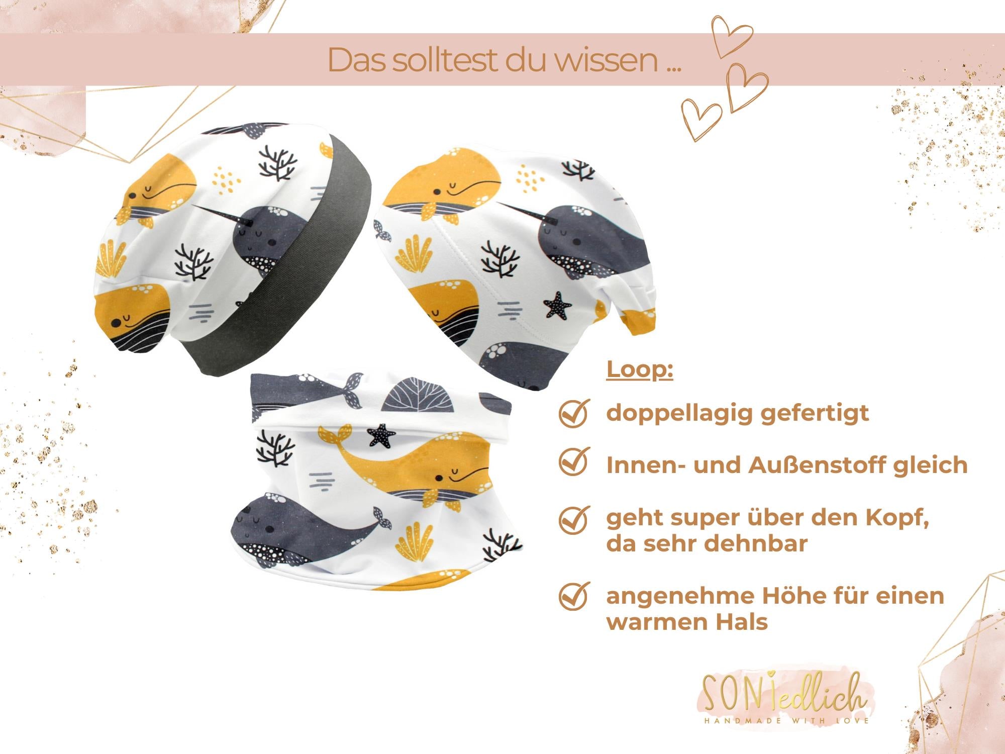 Beanie und Loop Set für Babys und Kinder "Wale senf" Loop