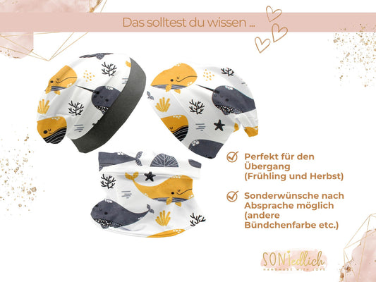 Beanie und Loop Set für Babys und Kinder "Wale senf" Beschreibung