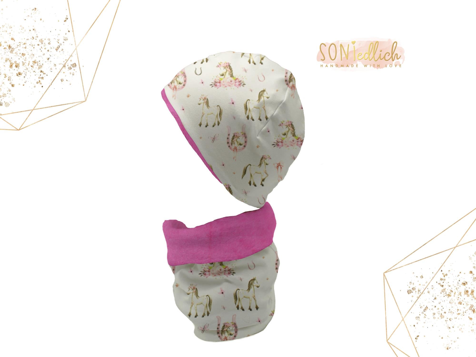 Gefüttertes Mützen und Loop Set für Babys und Kinder "Boho Pferde" mit Logo
