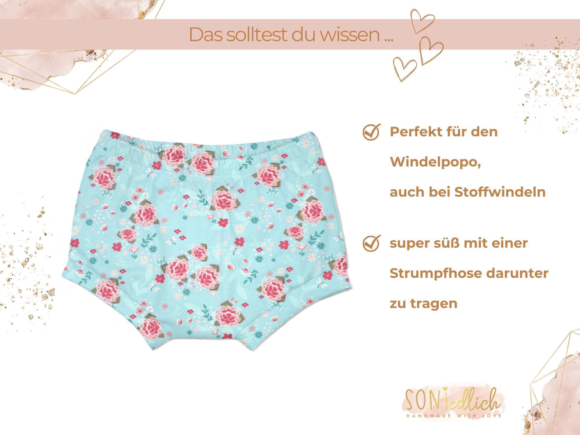 Bummie Blumen türkis, perfekt für den Windelpopo, sehr süß mit einer Strumpfhose darunter zu tragen.