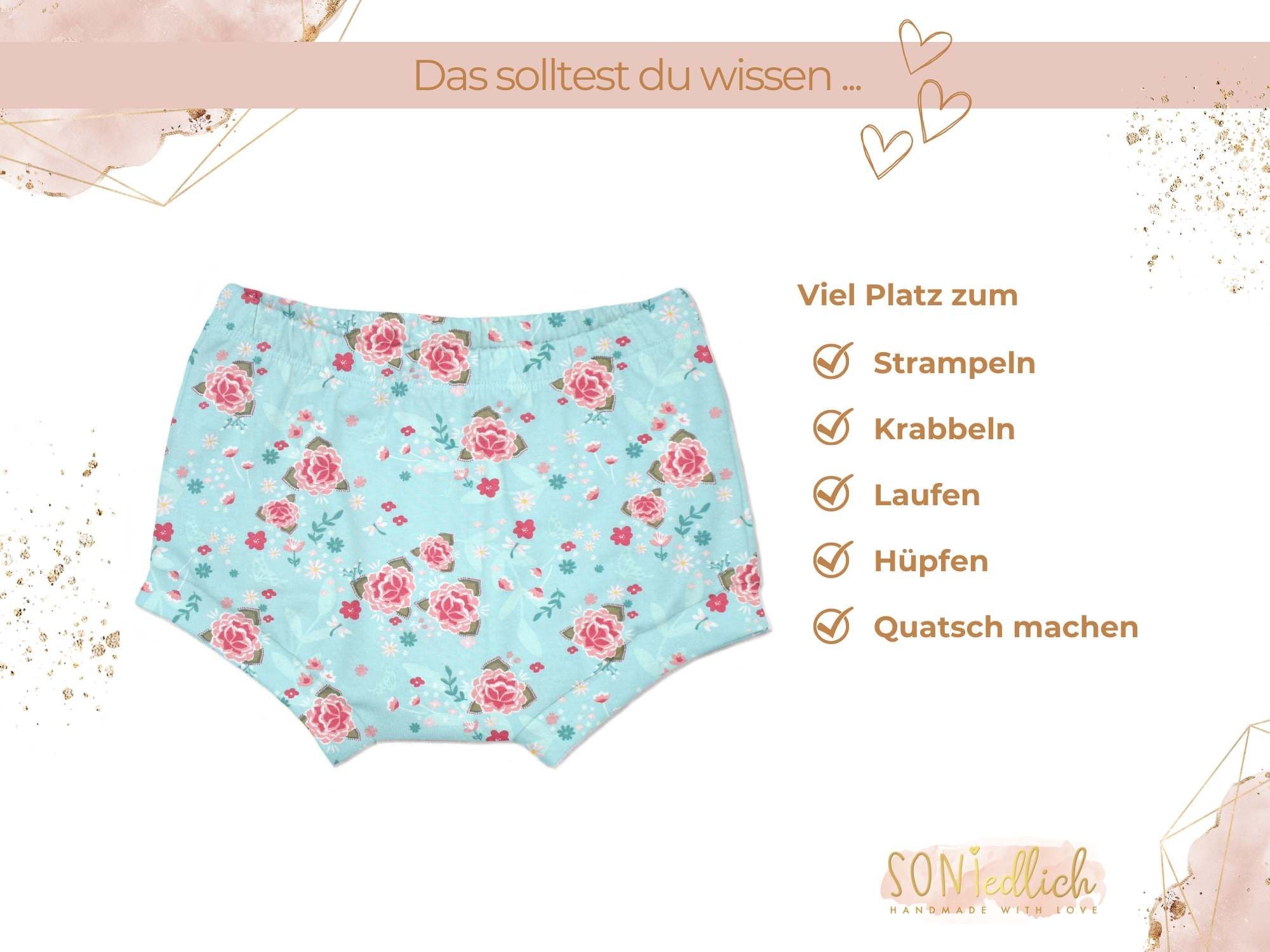 Bummie Blumen türkis, viel Platz zum Strampeln, Krabbeln, Laufen, Hüpfen und Quatsch machen