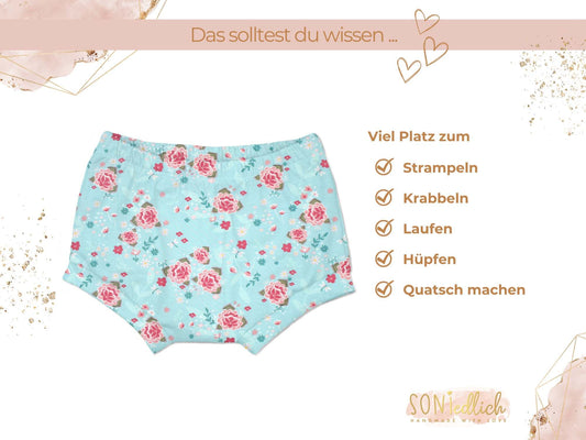 Bummie Blumen türkis, viel Platz zum Strampeln, Krabbeln, Laufen, Hüpfen und Quatsch machen