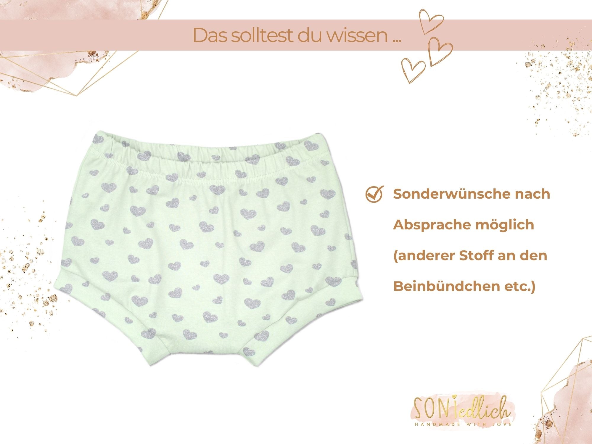 Bummie für Babys und Kinder „Glitzerherzen, mint“ Sonderwünsche