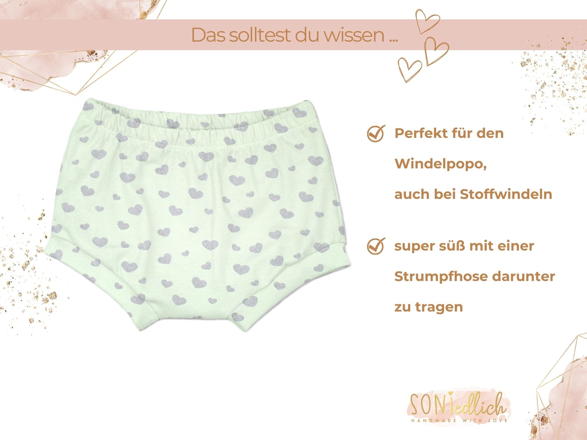 Bummie für Babys und Kinder „Glitzerherzen, mint“ Beschreibung1