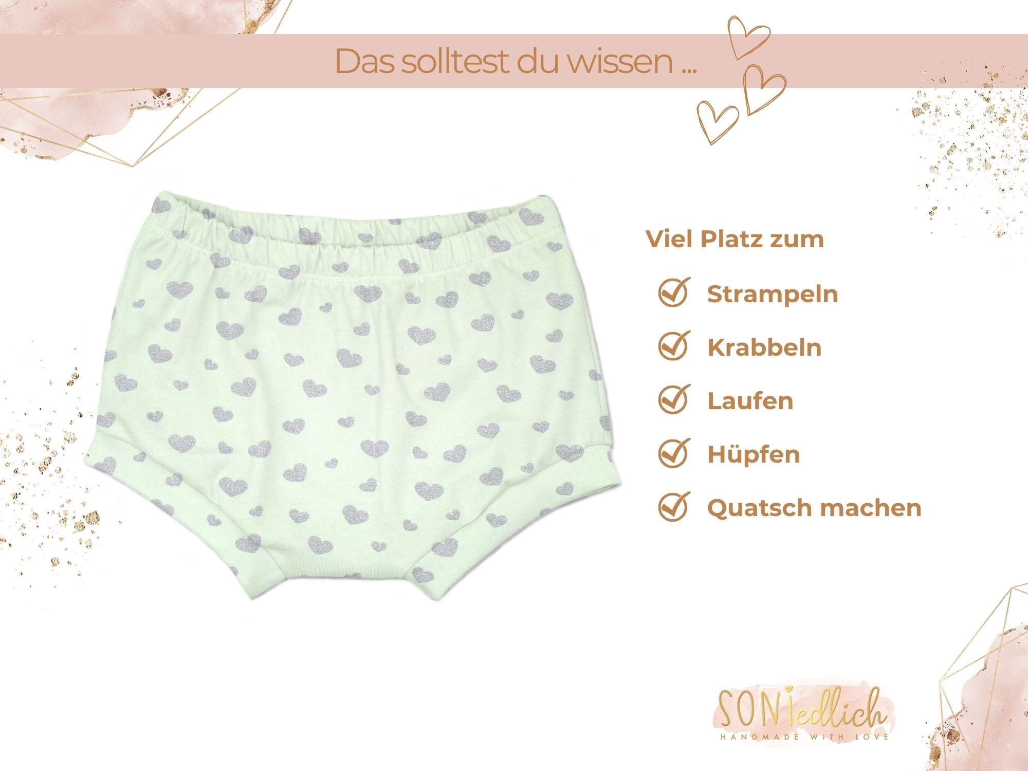 Bummie für Babys und Kinder „Glitzerherzen, mint“ Beschreibung2