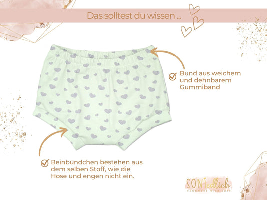 Bummie für Babys und Kinder „Glitzerherzen, mint“ Details