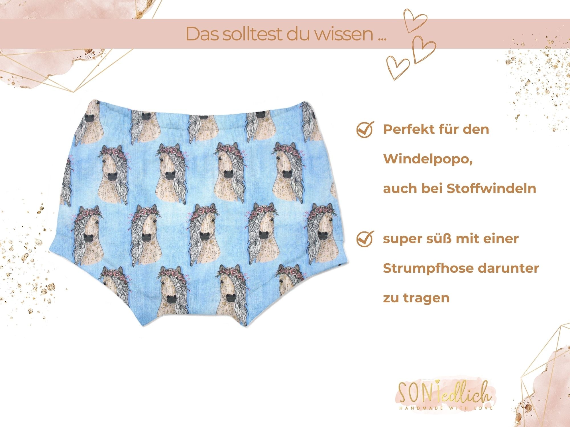 Bummie für Babys und Kinder „Pferde, jeansoptik“ Beschreibung1