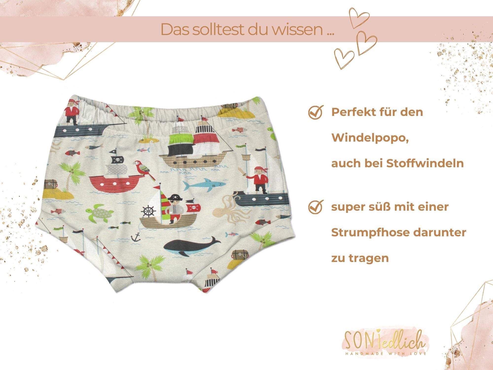 Bummie für Babys und Kinder „Piraten, beige“ Beschreibung1