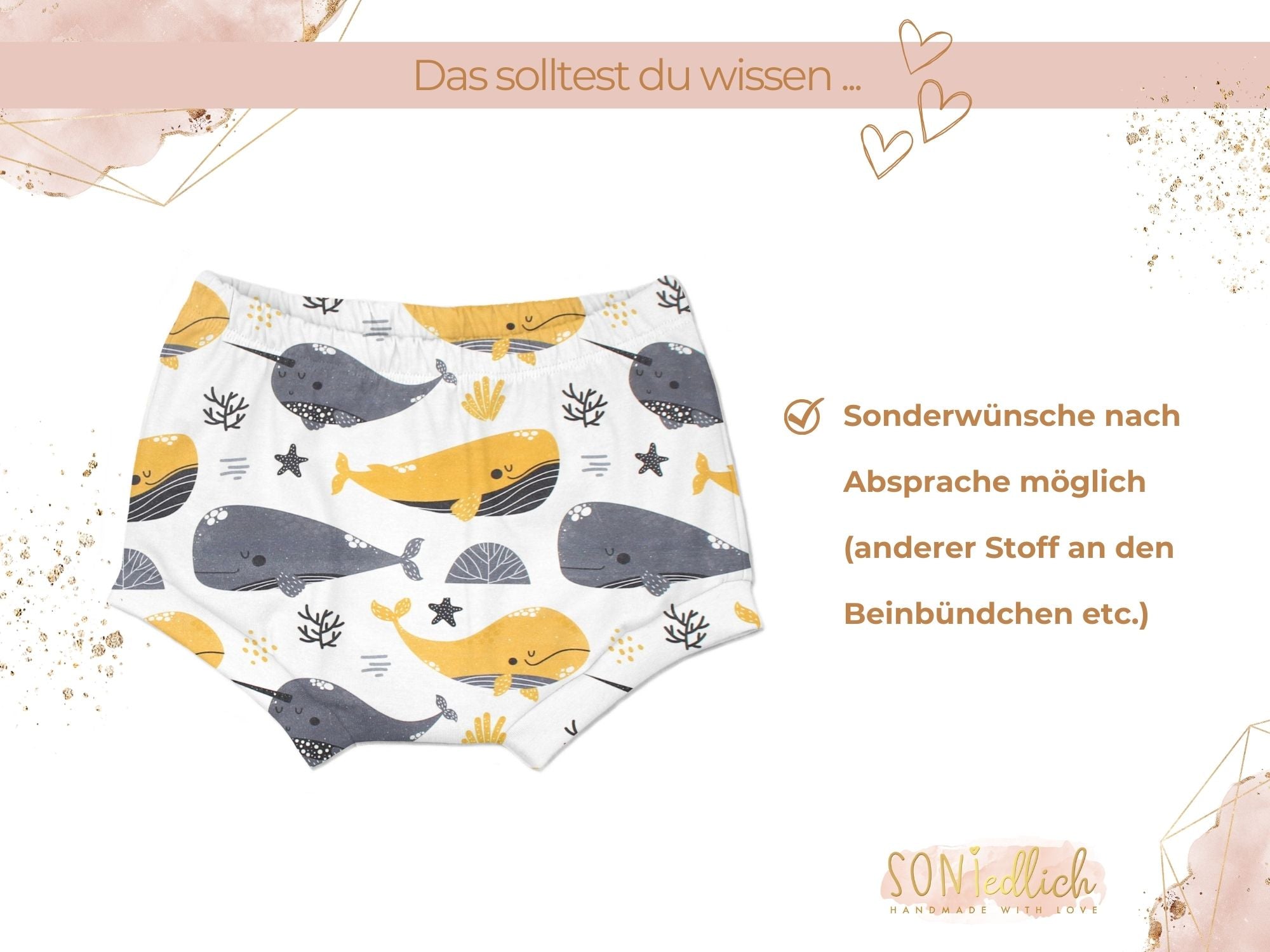 Bummie für Babys und Kinder „Wale, senf“ Sonderwünsche