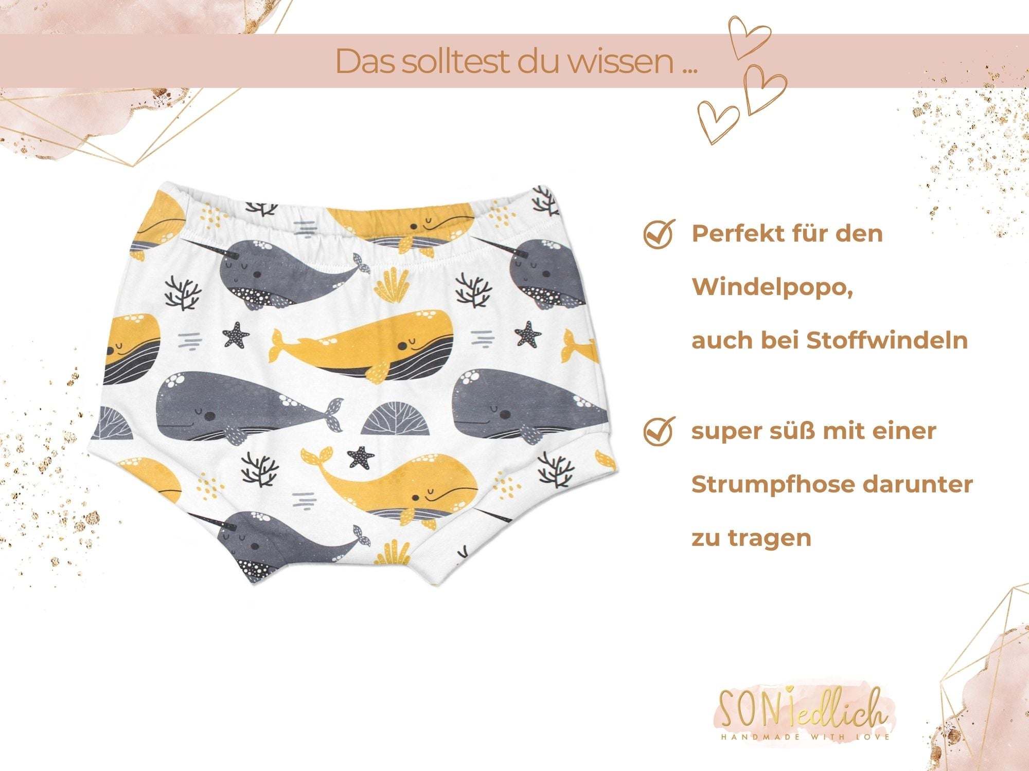 Bummie für Babys und Kinder „Wale, senf“ Beschreibung1