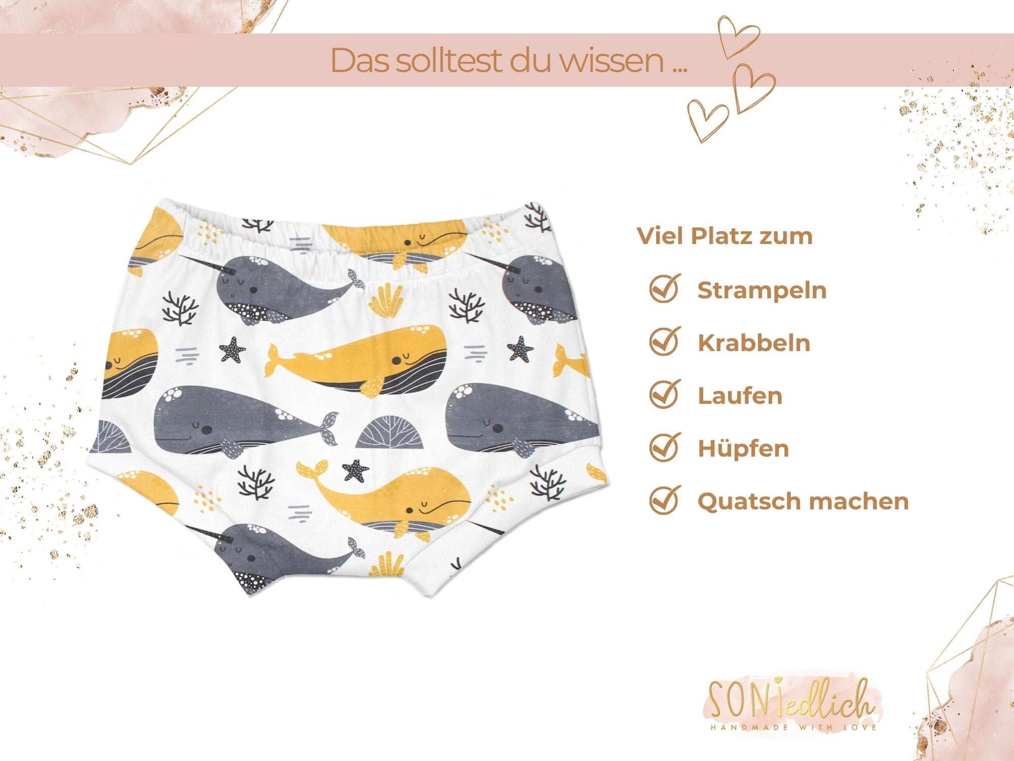 Bummie für Babys und Kinder „Wale, senf“ Beschreibung2