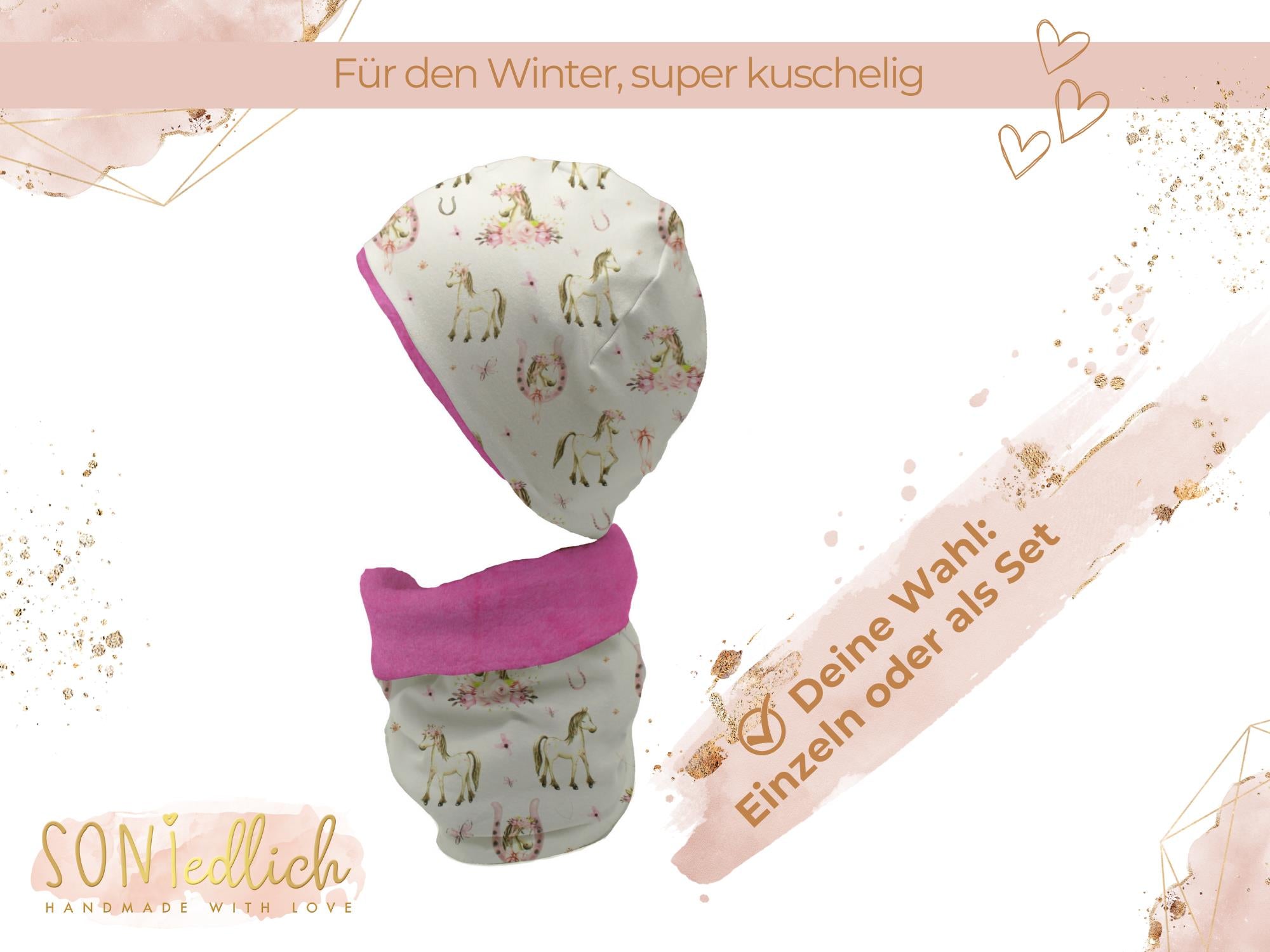 Gefüttertes Mützen und Loop Set für Babys und Kinder "Boho Pferde" Auswahl