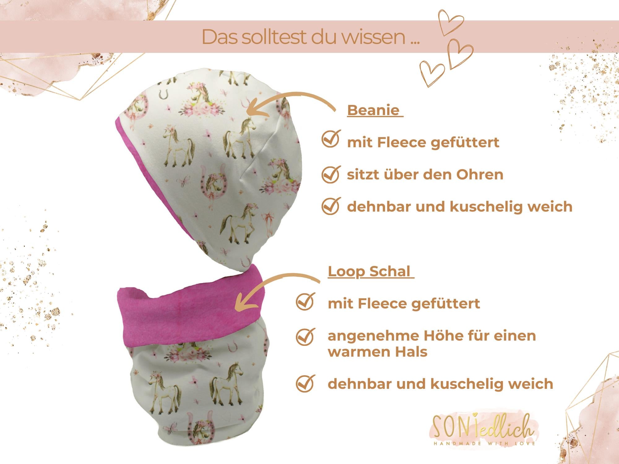 Gefüttertes Mützen und Loop Set für Babys und Kinder "Boho Pferde" Details