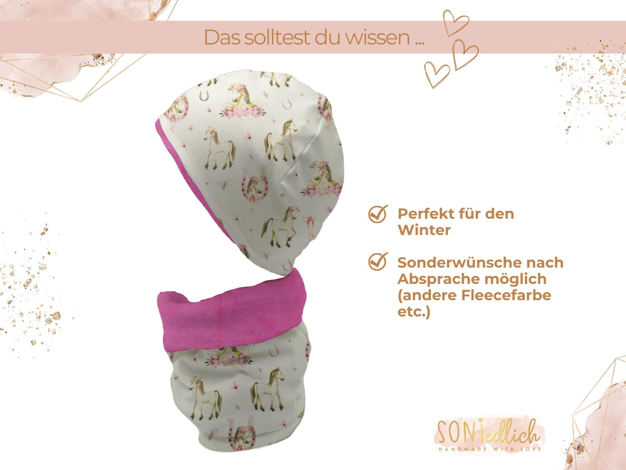 Gefüttertes Mützen und Loop Set für Babys und Kinder "Boho Pferde" Beschreibung