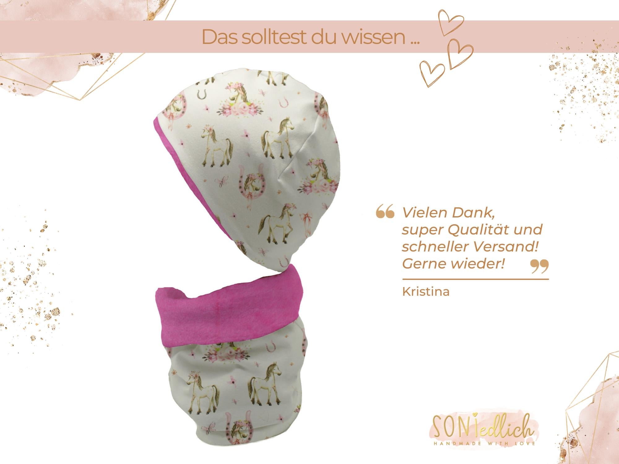 Gefüttertes Mützen und Loop Set für Babys und Kinder "Boho Pferde" Text Bewertung