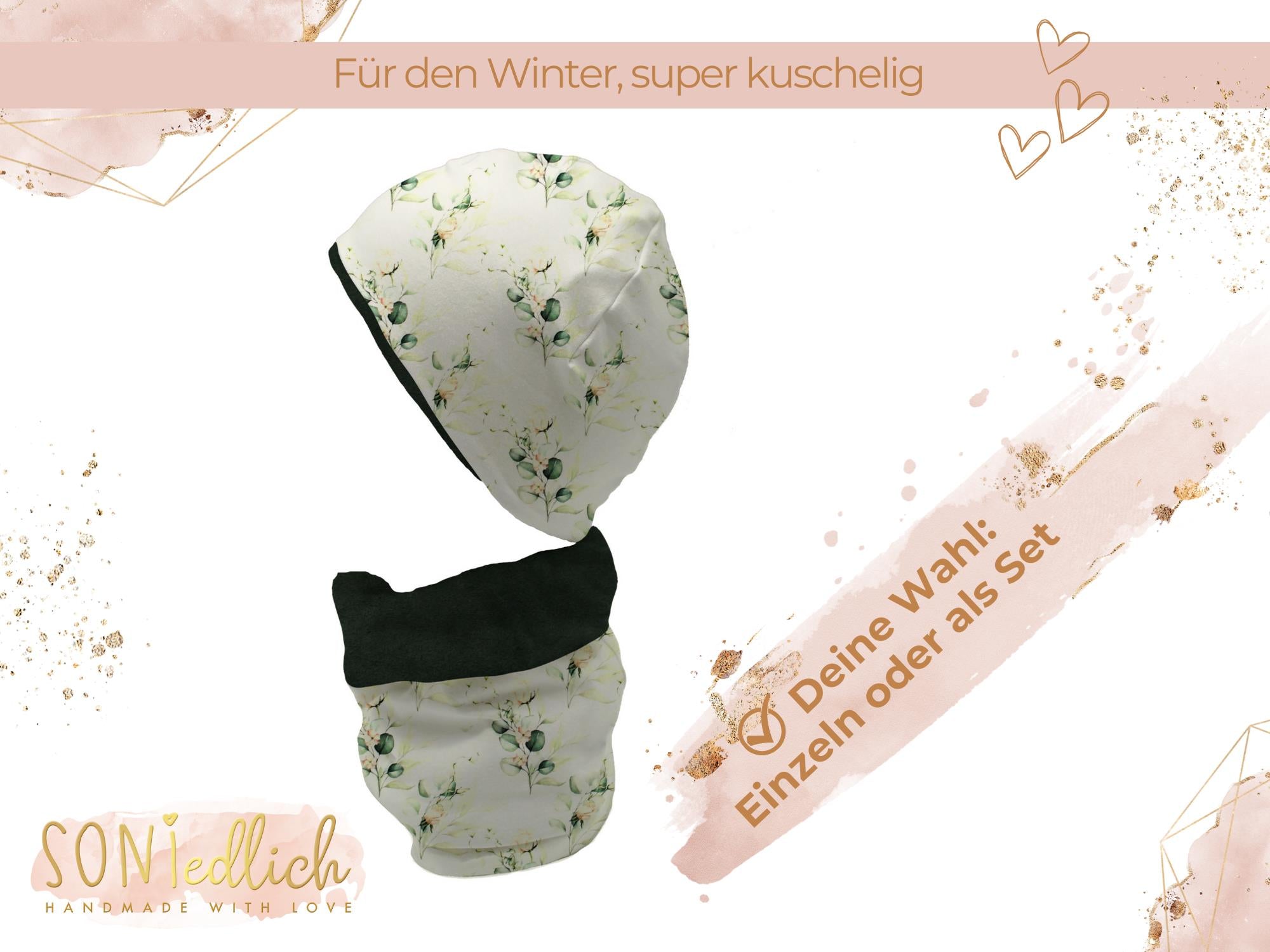 Gefüttertes Mützen und Loop Set für Babys und Kinder "Eukalyptus" Auswahl