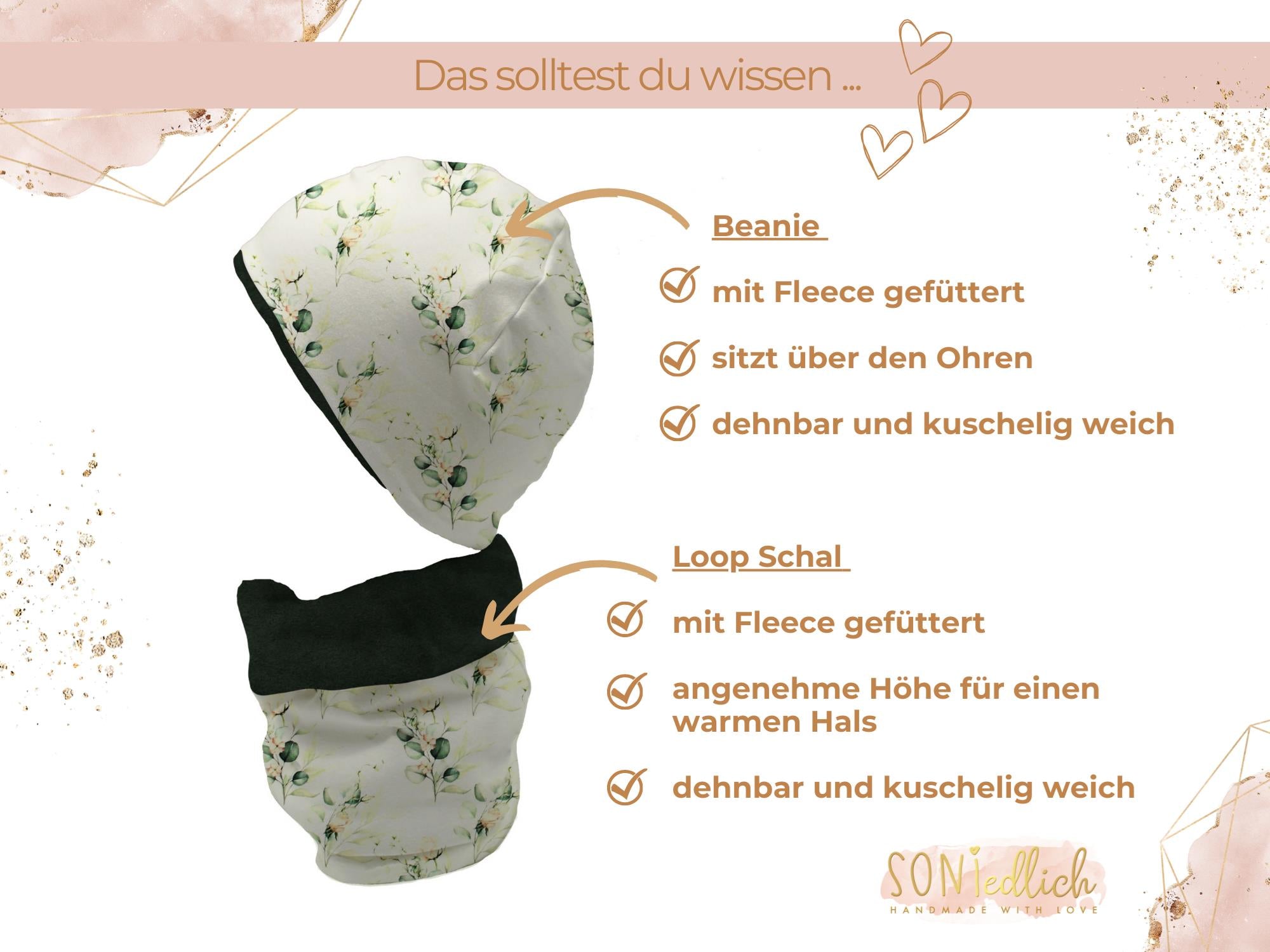 Gefüttertes Mützen und Loop Set für Babys und Kinder "Eukalyptus" Details