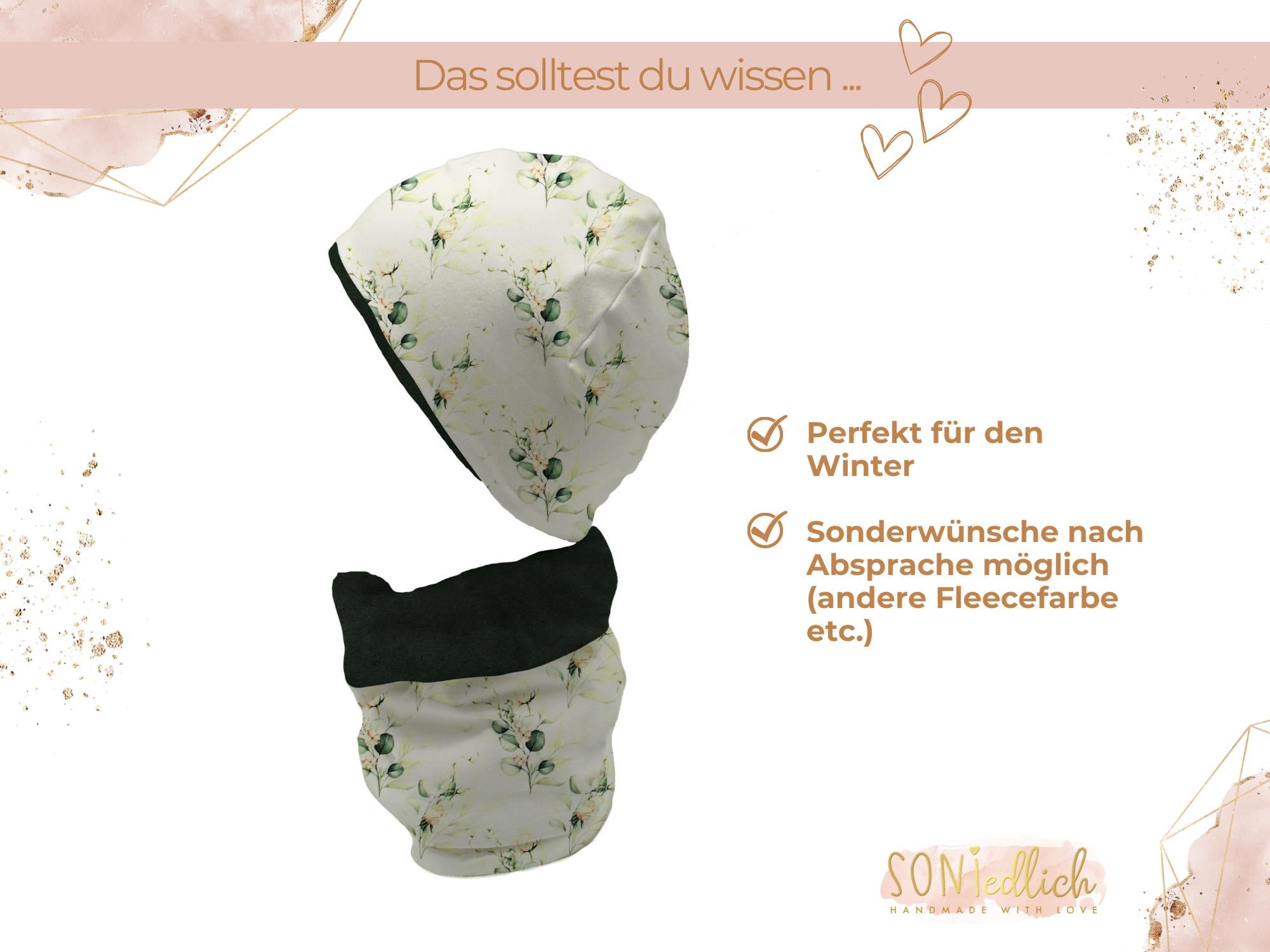 Gefüttertes Mützen und Loop Set für Babys und Kinder "Eukalyptus" Beschreibung