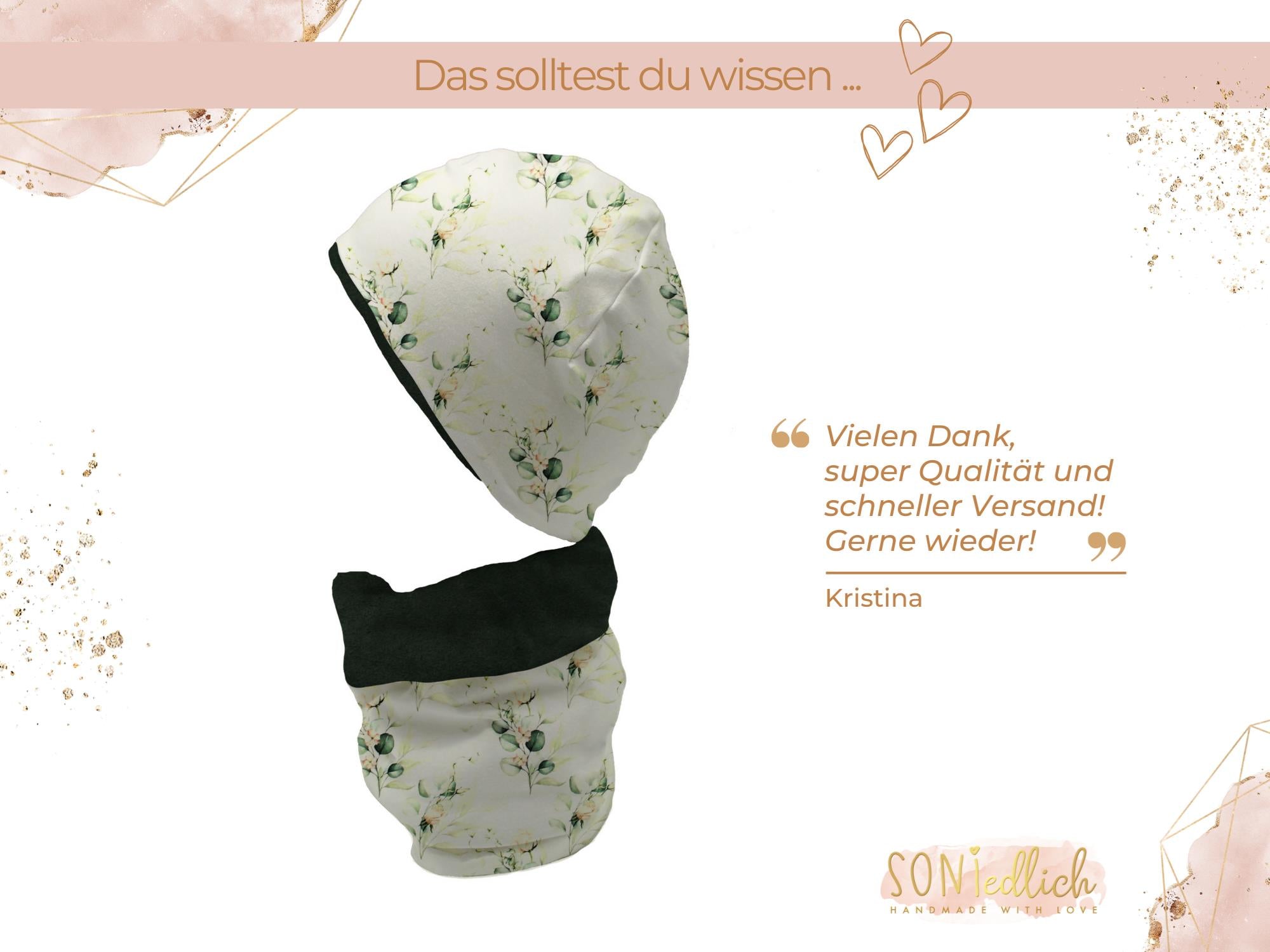 Gefüttertes Mützen und Loop Set für Babys und Kinder "Eukalyptus" Text Bewertung