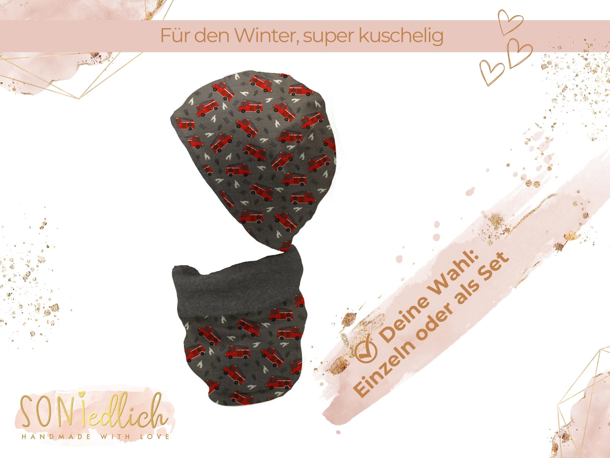 Gefüttertes Mützen und Loop Set für Babys und Kinder "Feuerwehr dunkelgrau" Auswahl