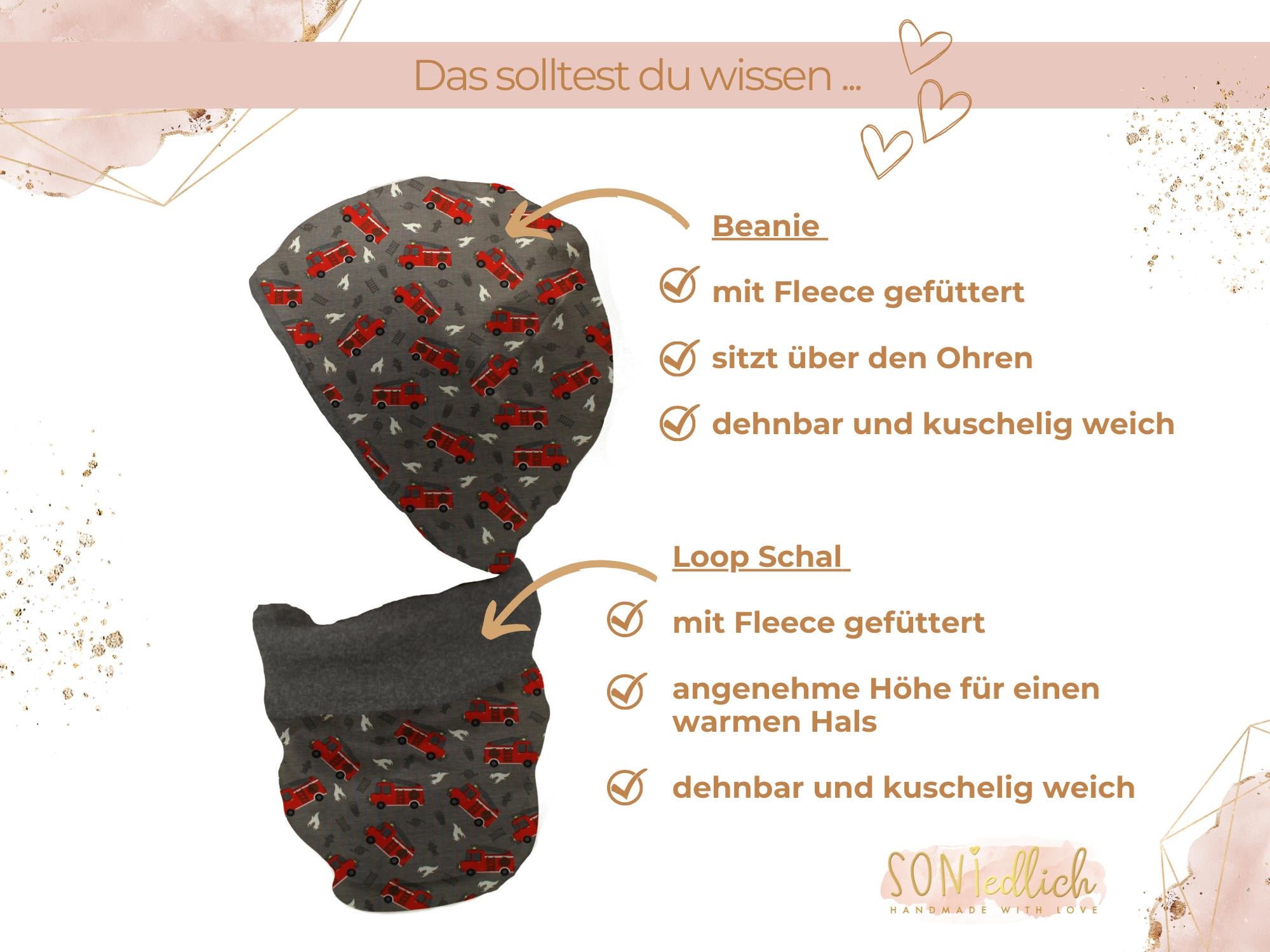 Gefüttertes Mützen und Loop Set für Babys und Kinder "Feuerwehr dunkelgrau" Details