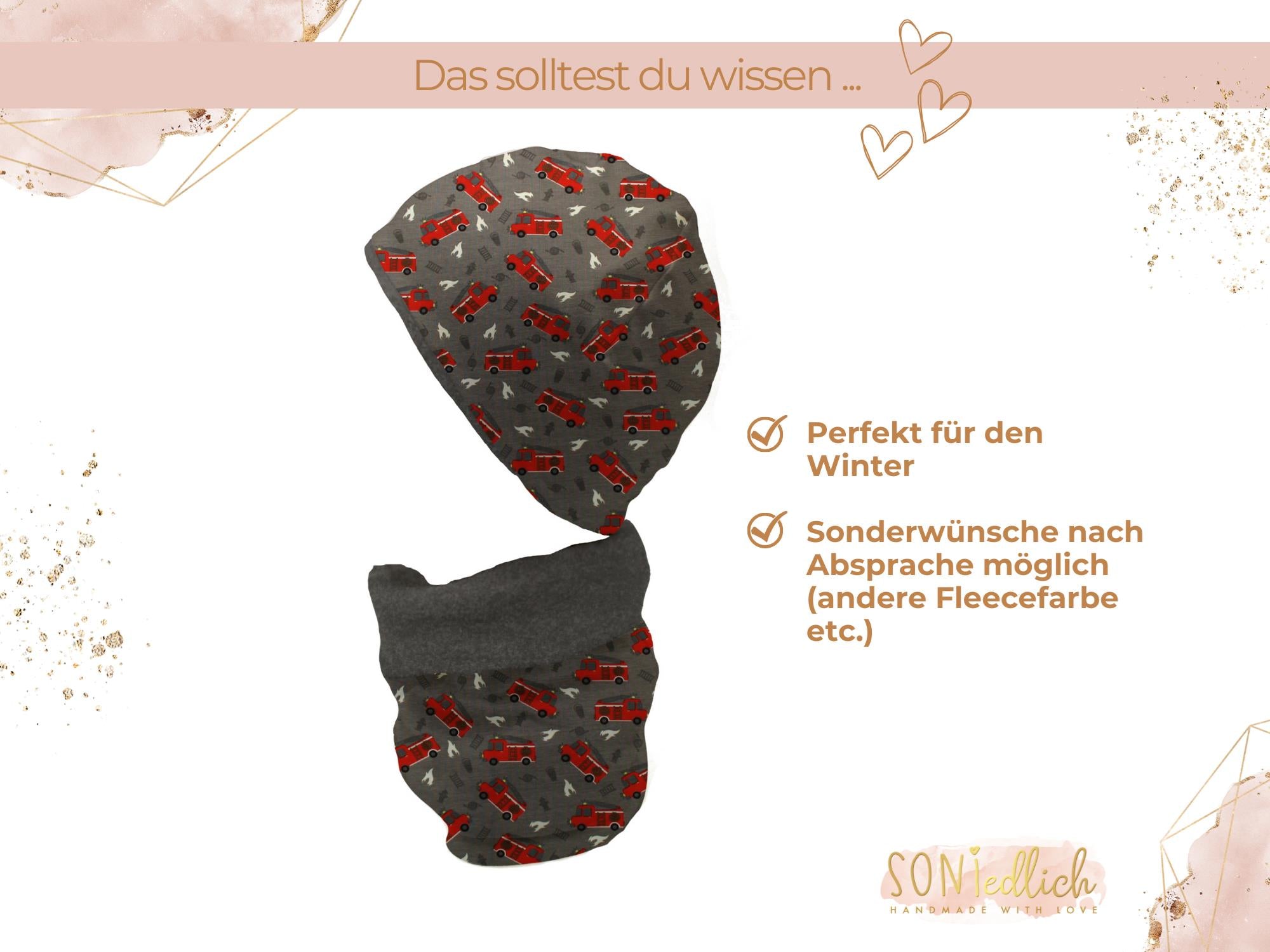 Gefüttertes Mützen und Loop Set für Babys und Kinder "Feuerwehr dunkelgrau" Beschreibung