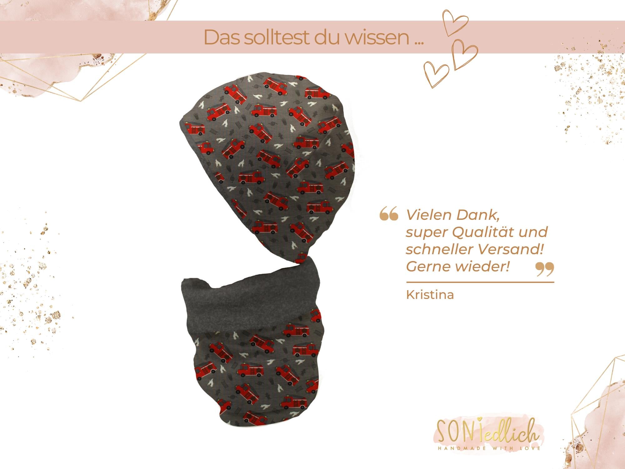 Gefüttertes Mützen und Loop Set für Babys und Kinder "Feuerwehr dunkelgrau" Text Bewertung