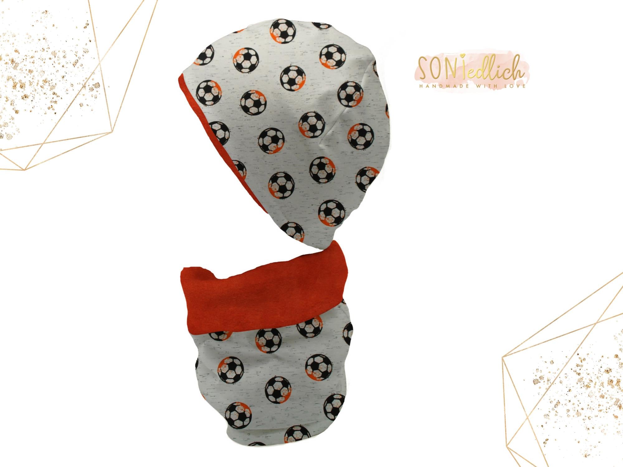 Gefüttertes Mützen und Loop Set für Babys und Kinder "Fußball" mit Logo