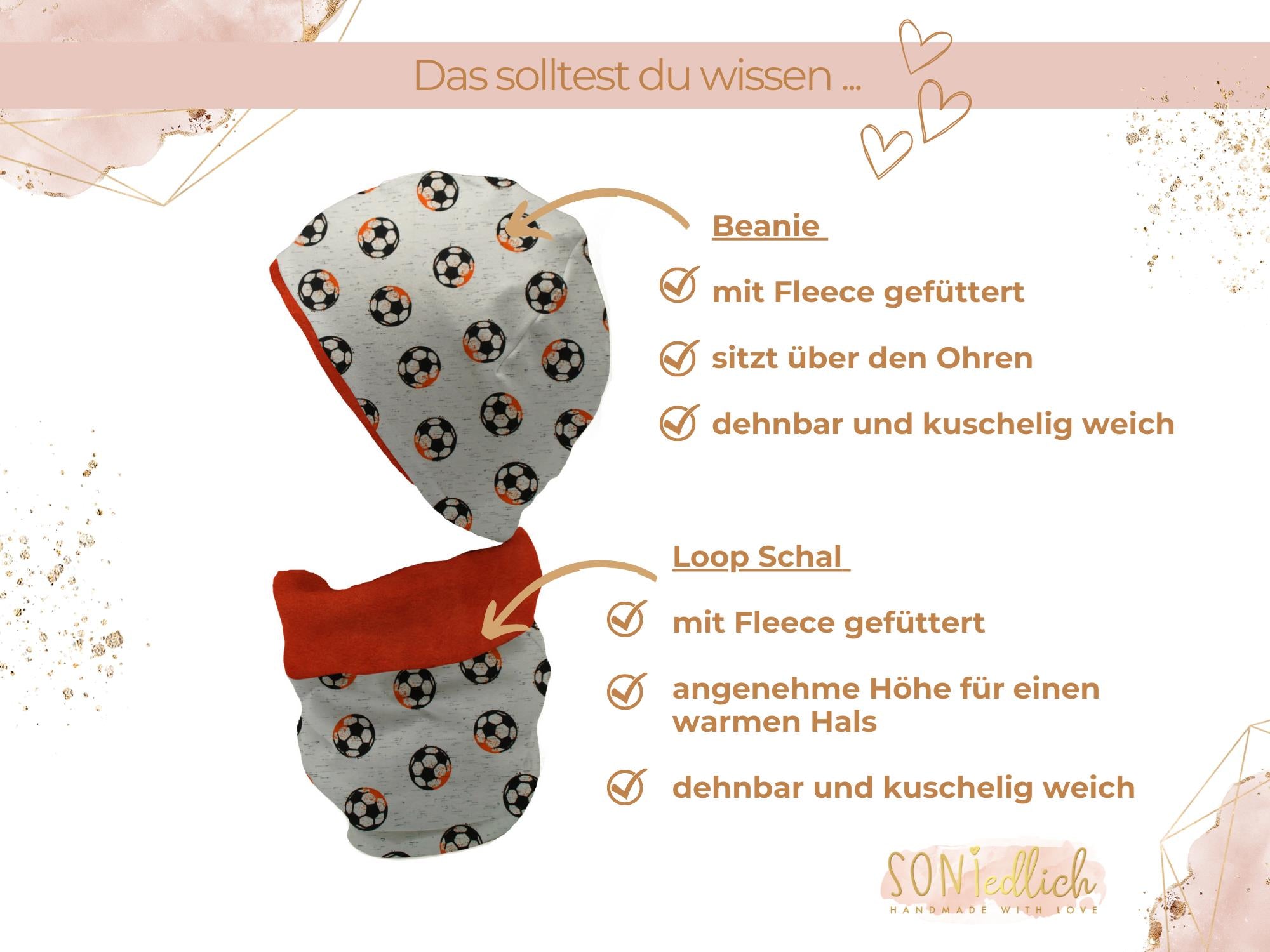 Gefüttertes Mützen und Loop Set für Babys und Kinder "Fußball" Details