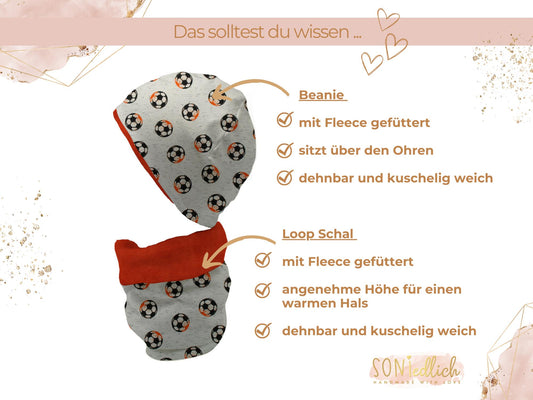 Gefüttertes Mützen und Loop Set für Babys und Kinder "Fußball" Details