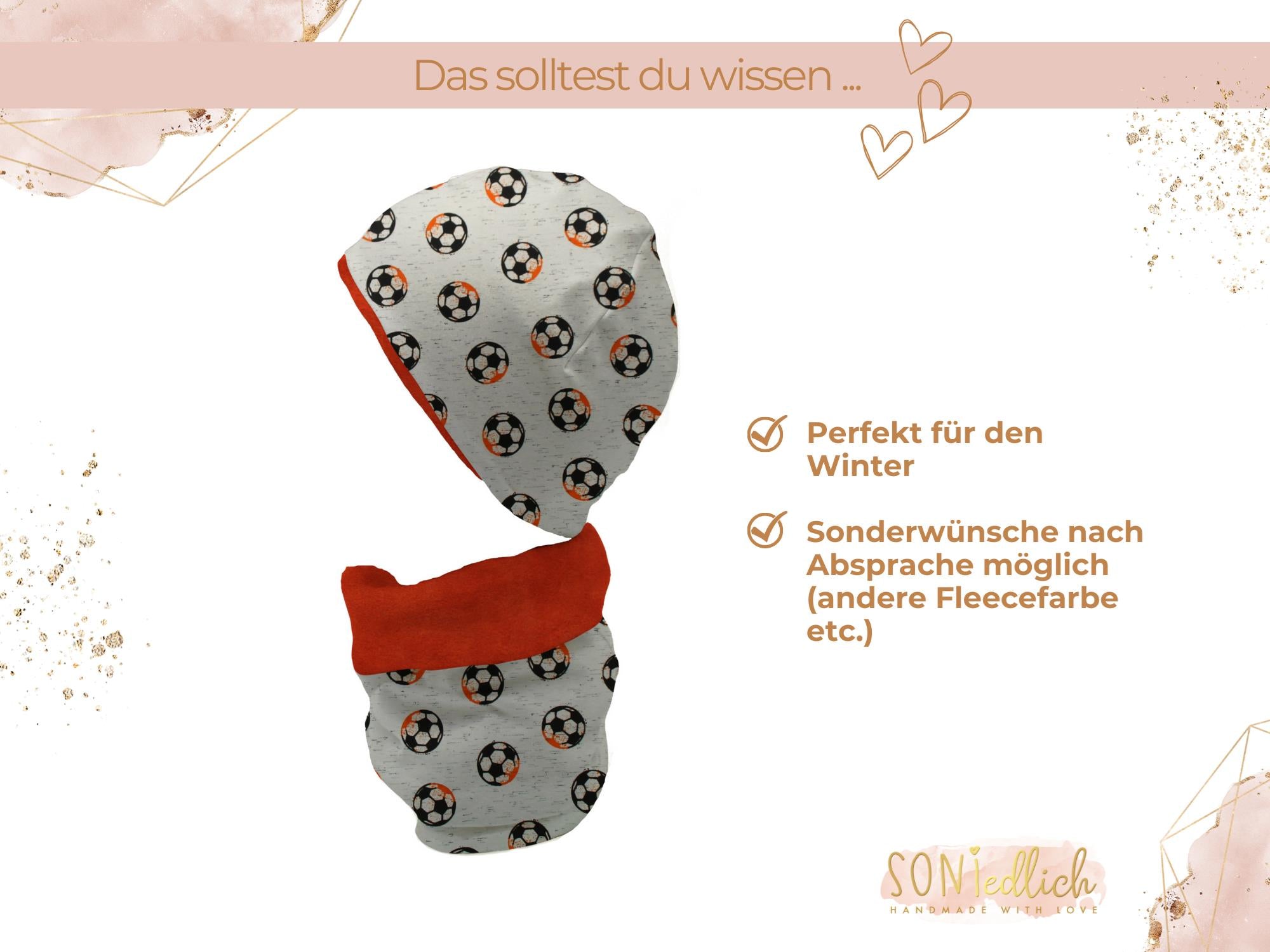 Gefüttertes Mützen und Loop Set für Babys und Kinder "Fußball" Beschreibung