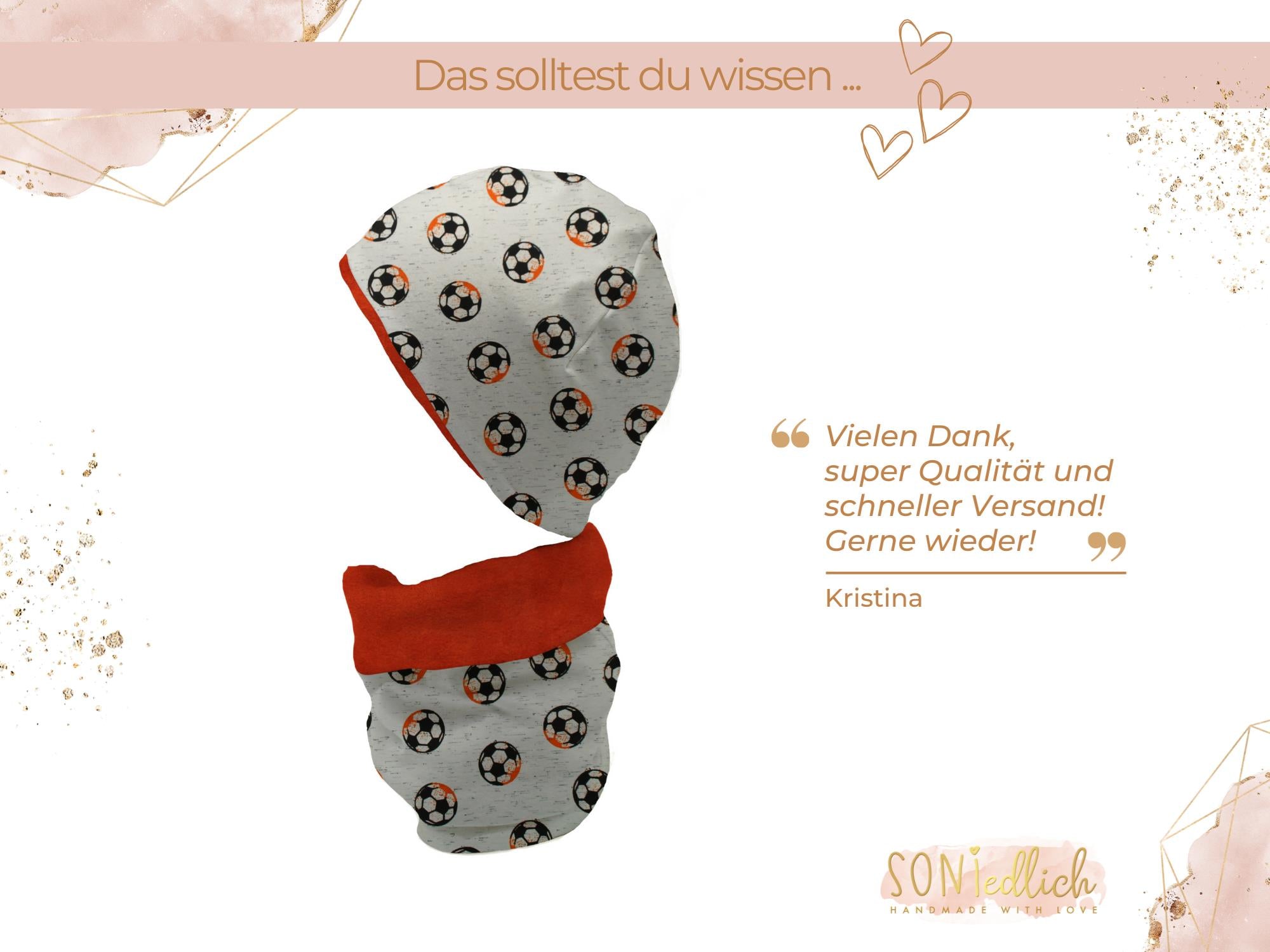 Gefüttertes Mützen und Loop Set für Babys und Kinder "Fußball" Text Bewertung