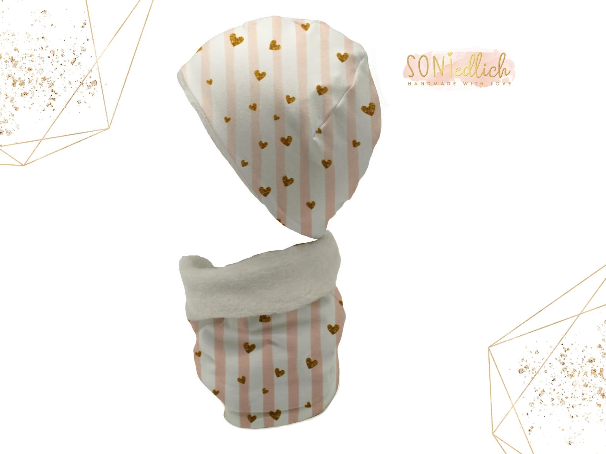 Gefüttertes Mützen und Loop Set für Babys und Kinder "Glitzerherzen" mit Logo