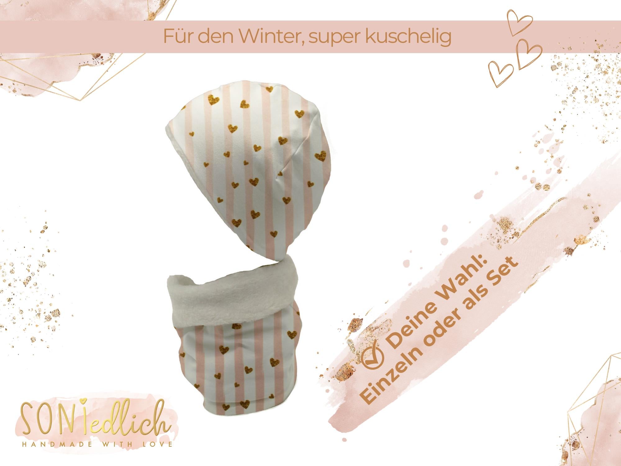 Gefüttertes Mützen und Loop Set für Babys und Kinder "Glitzerherzen" Auswahl