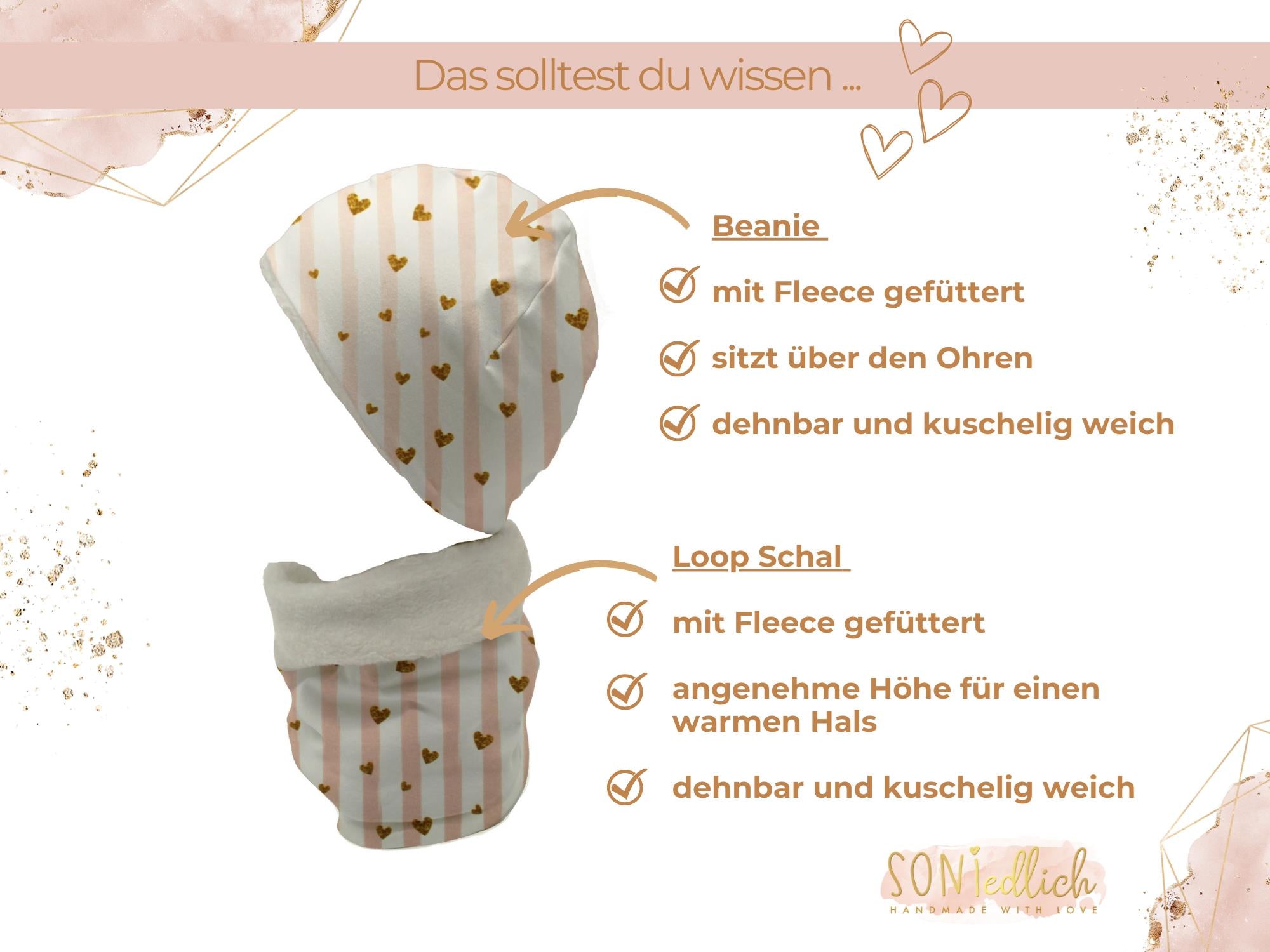 Gefüttertes Mützen und Loop Set für Babys und Kinder "Glitzerherzen" Details