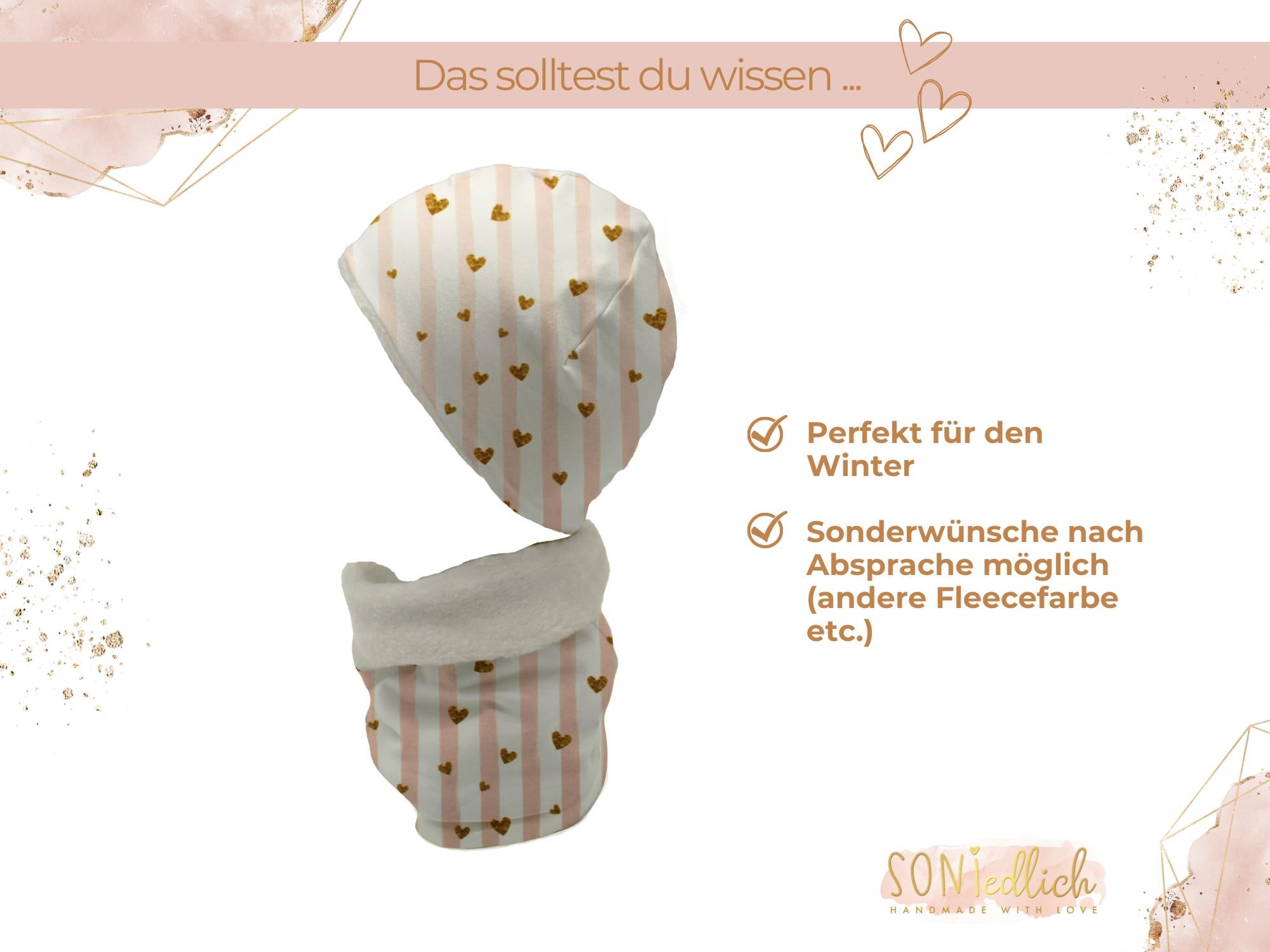 Gefüttertes Mützen und Loop Set für Babys und Kinder "Glitzerherzen" Beschreibung