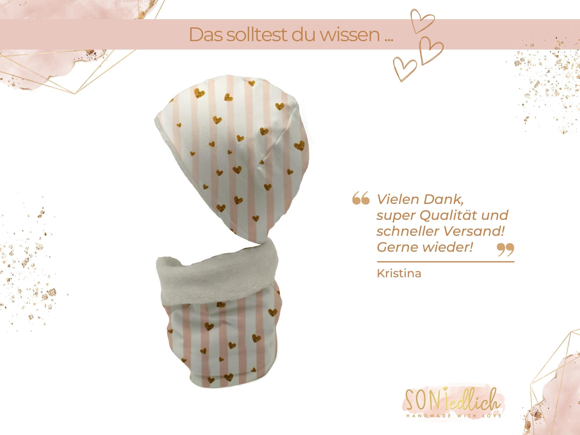 Gefüttertes Mützen und Loop Set für Babys und Kinder "Glitzerherzen" Text Bewertung