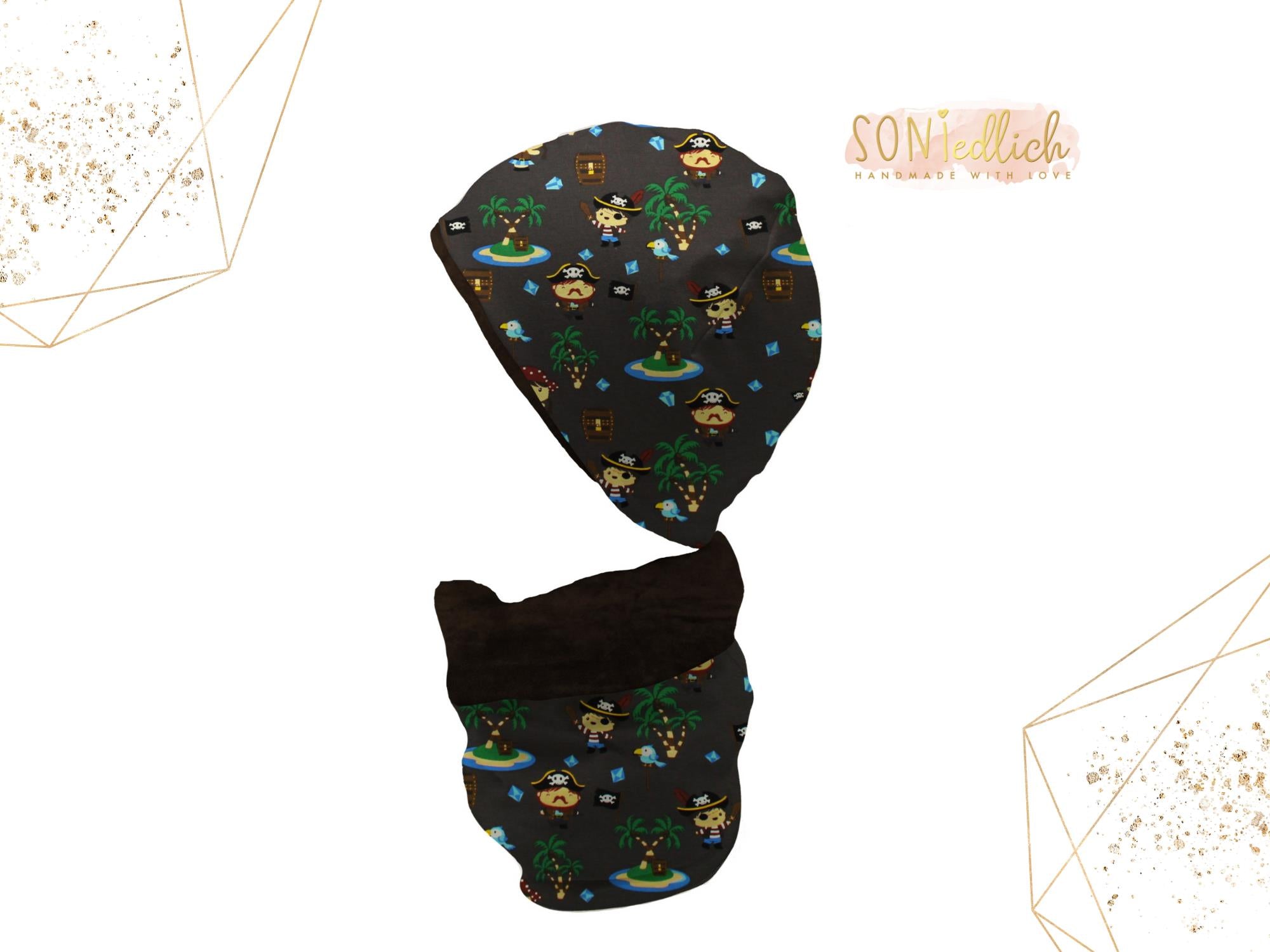 Gefüttertes Mützen und Loop Set für Babys und Kinder "Inselpiraten dunkelbraun" mit Logo