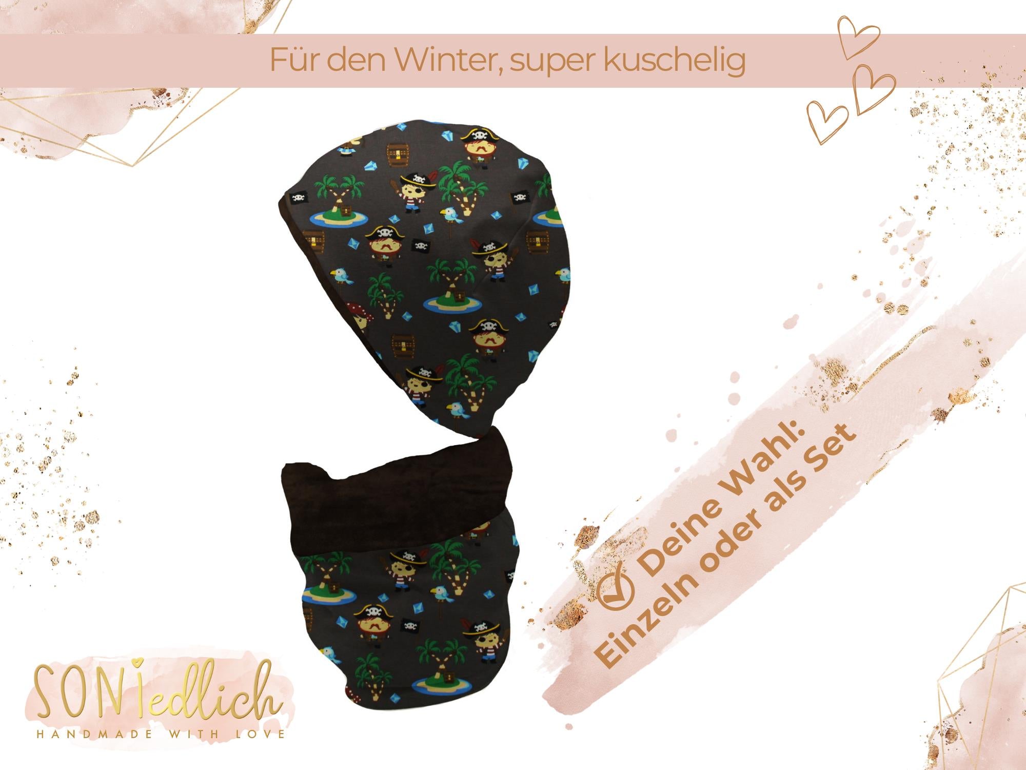 Gefüttertes Mützen und Loop Set für Babys und Kinder "Inselpiraten dunkelbraun" Auswahl