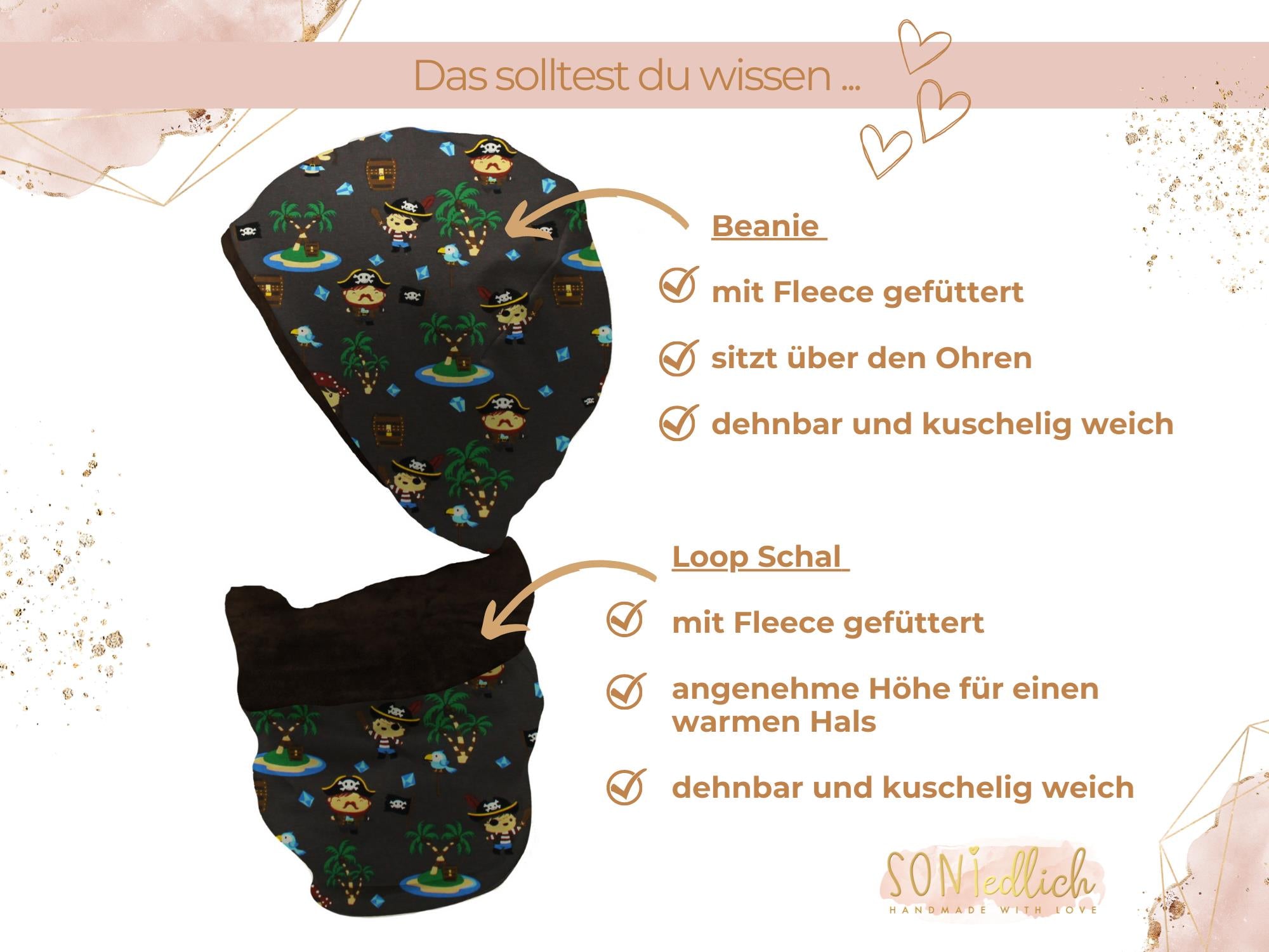 Gefüttertes Mützen und Loop Set für Babys und Kinder "Inselpiraten dunkelbraun" Details
